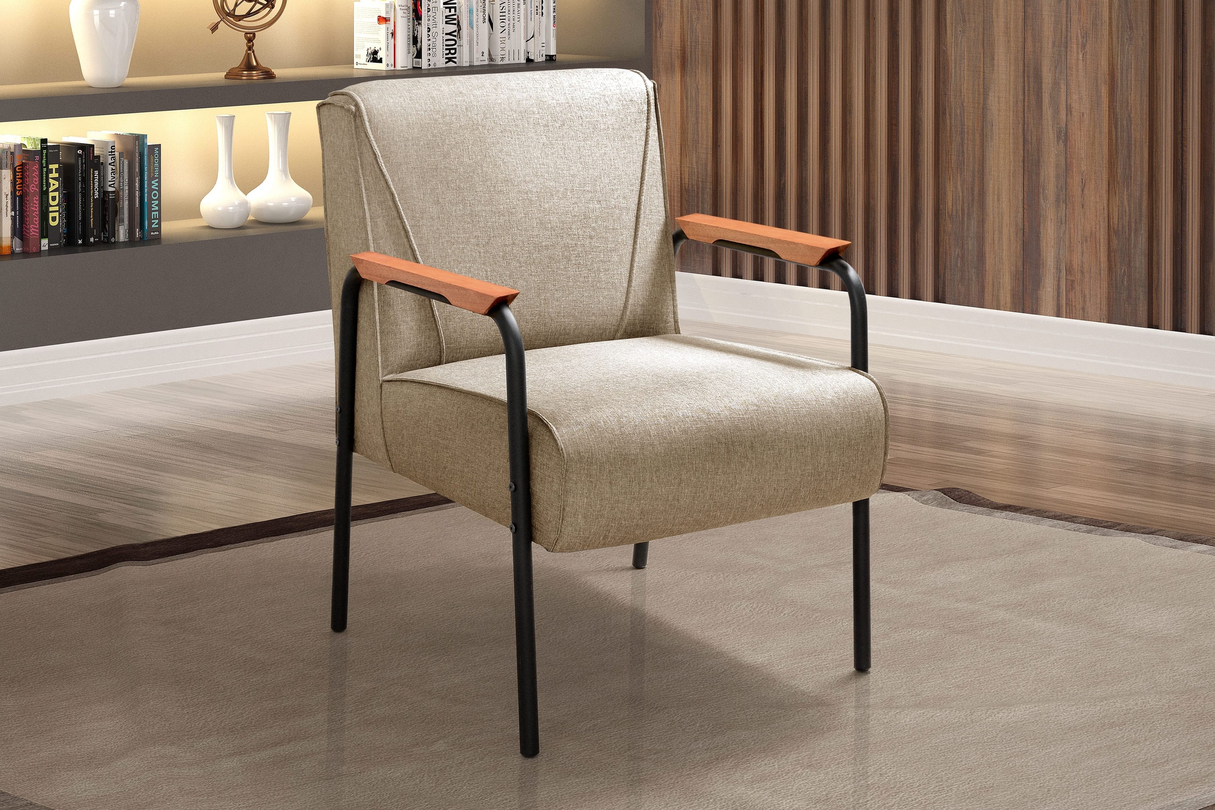 Kit 04 Poltronas Decorativas Jade Braço Fixo Preto - Linho Marrom