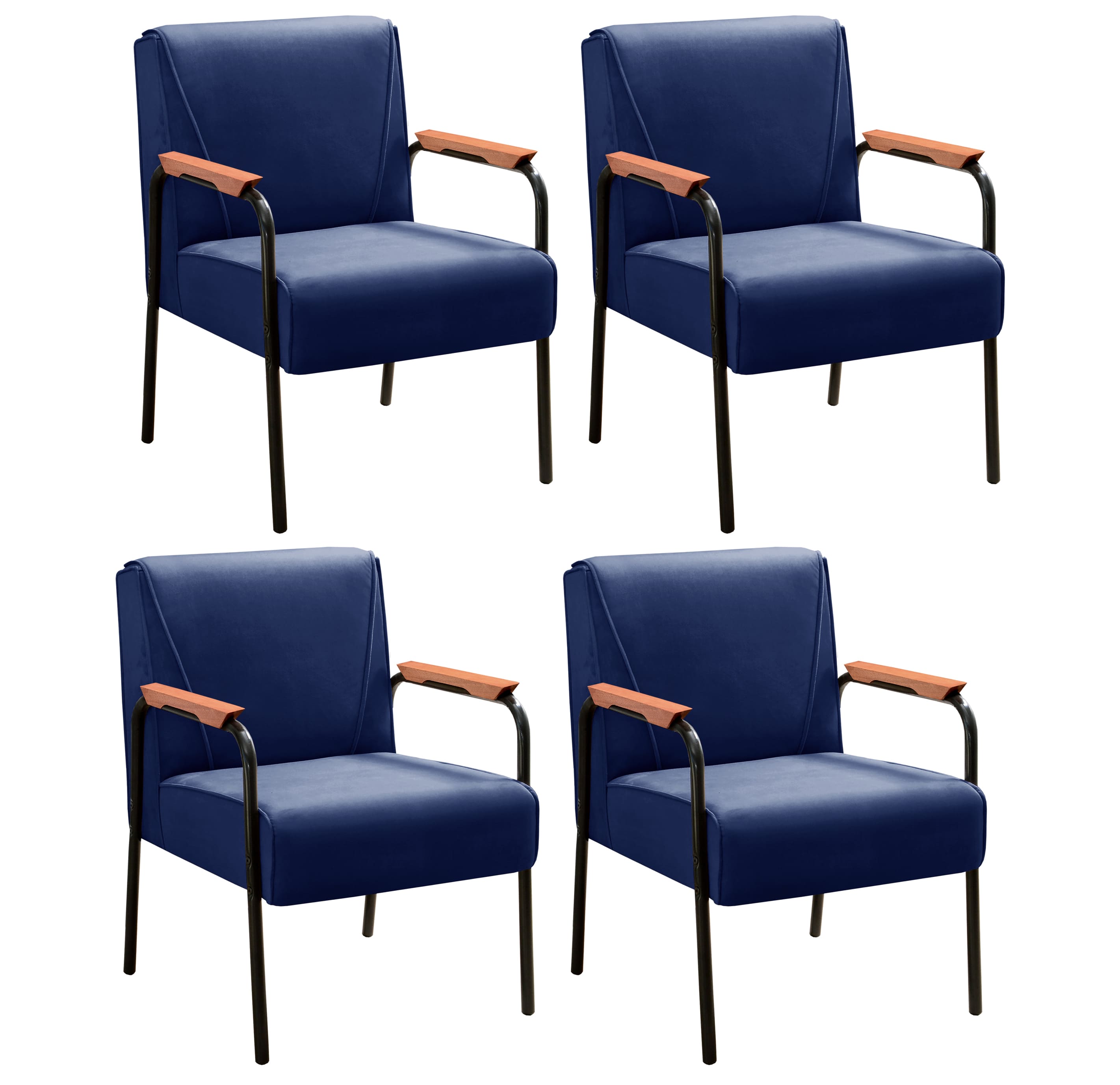 Kit 04 Poltronas Decorativas Jade Braço Fixo Preto - Suede Azul