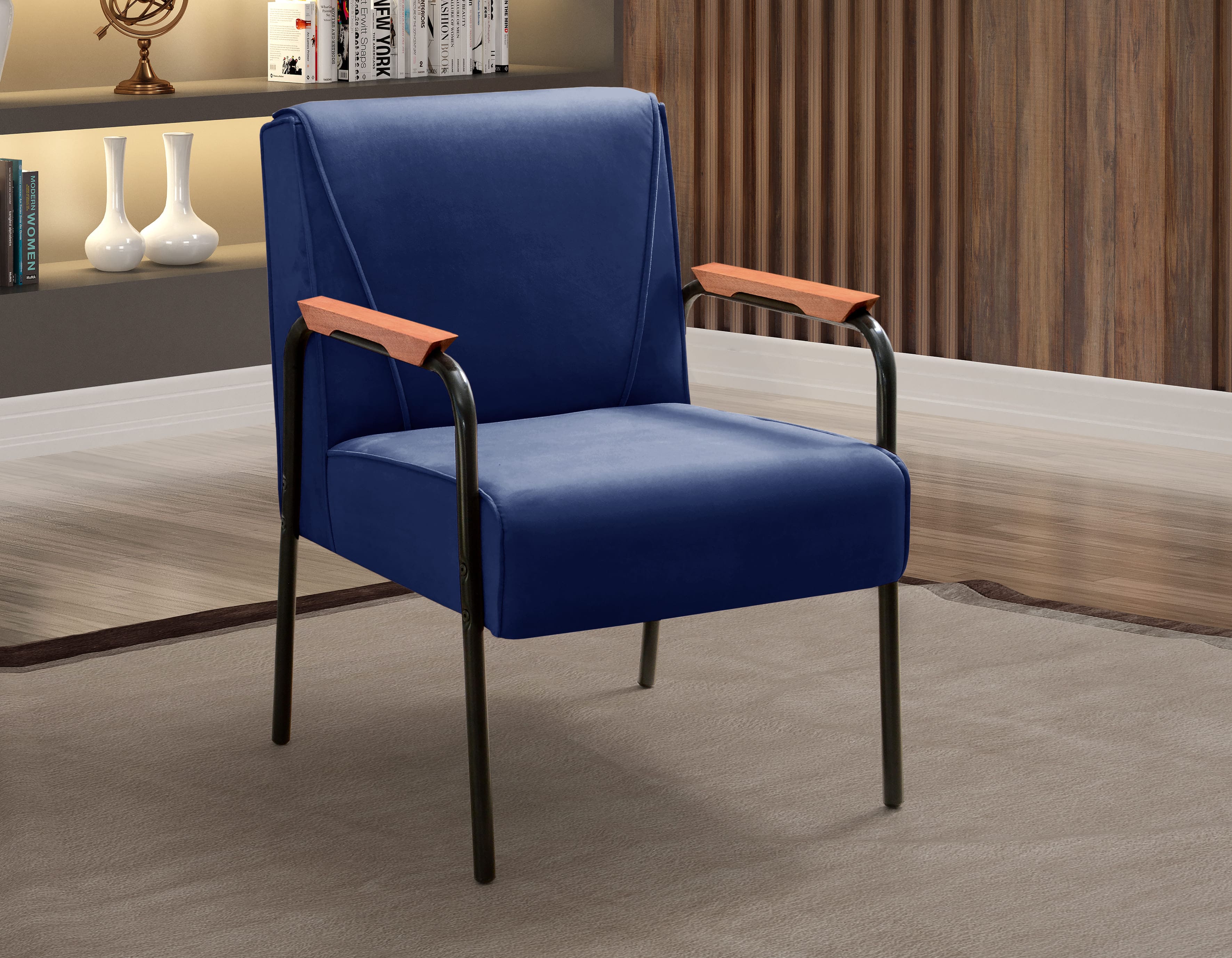 Kit 04 Poltronas Decorativas Jade Braço Fixo Preto - Suede Azul