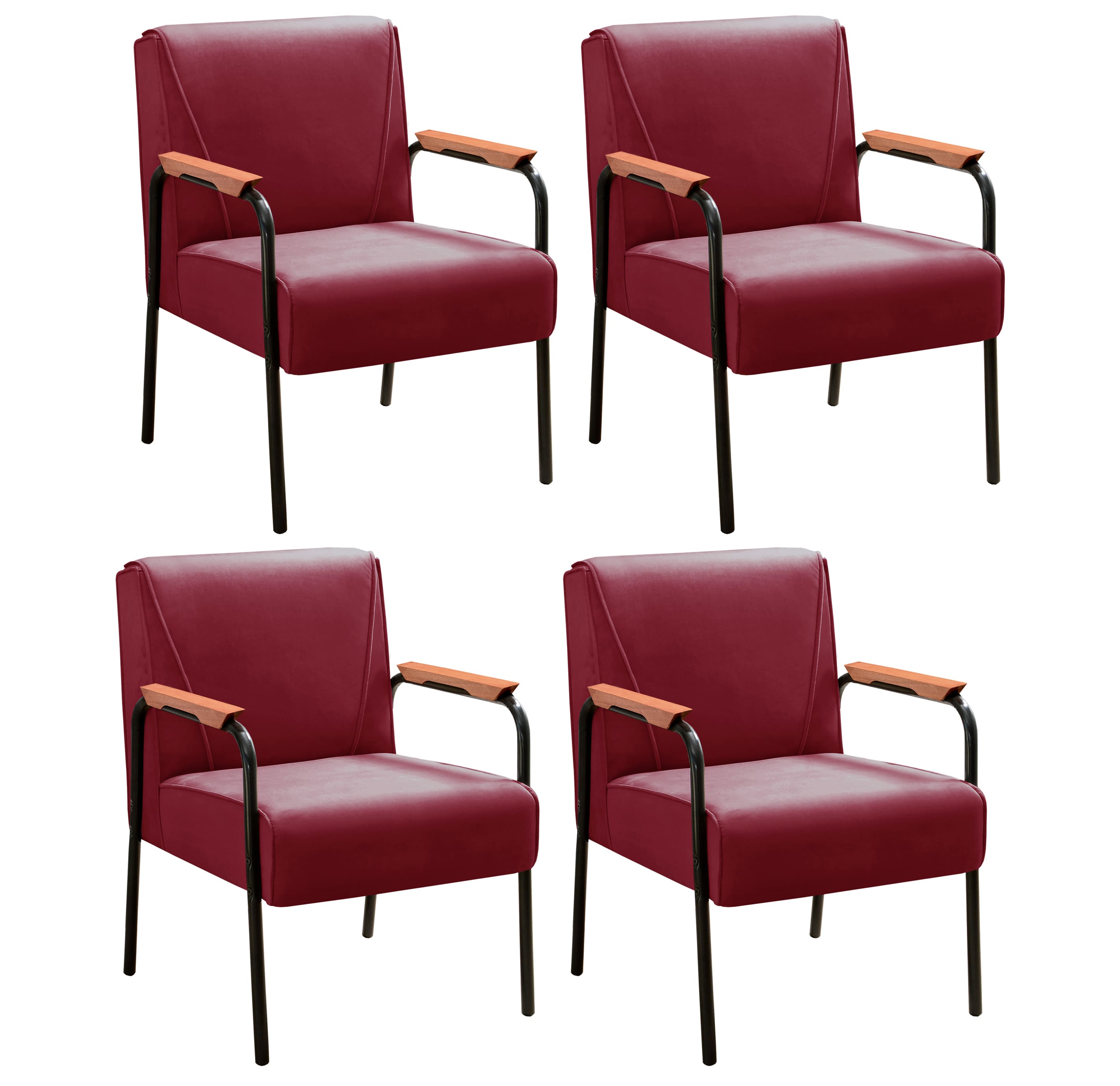 Kit 04 Poltronas Decorativas Jade Braço Fixo Preto - Suede Bordô