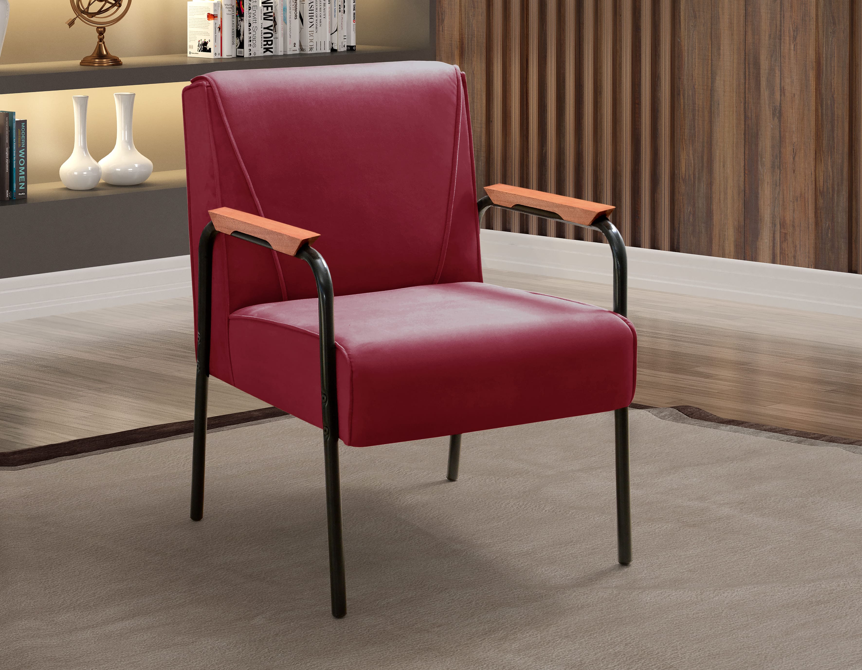 Kit 04 Poltronas Decorativas Jade Braço Fixo Preto - Suede Bordô
