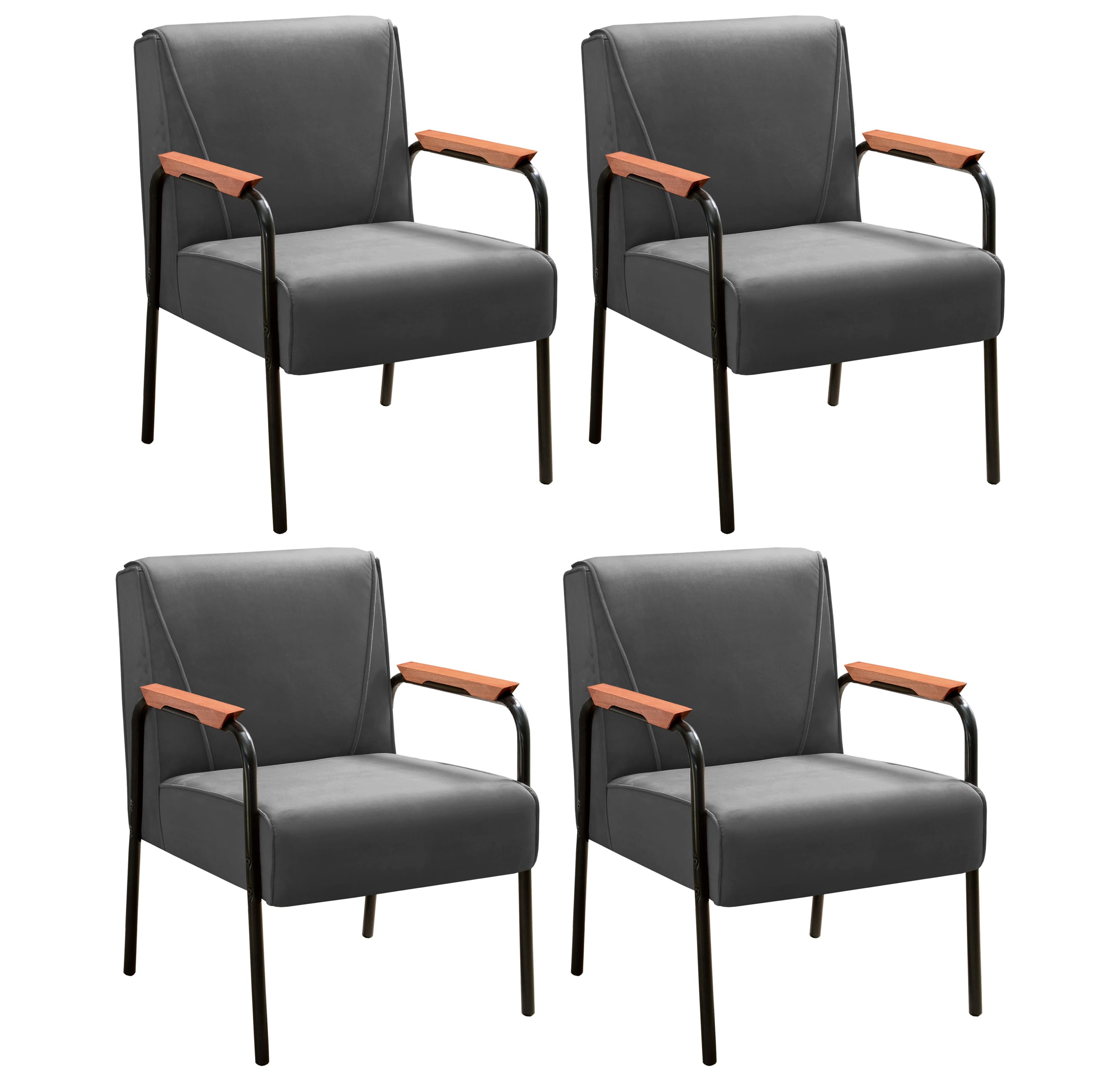Kit 04 Poltronas Decorativas Jade Braço Fixo Preto - Suede Cinza