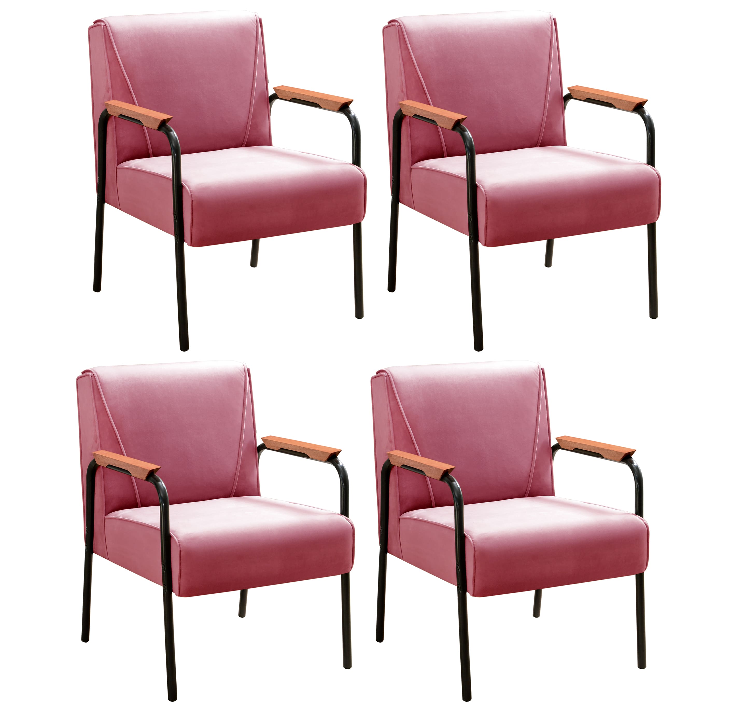 Kit 04 Poltronas Decorativas Jade Braço Fixo Preto - Suede Rosa