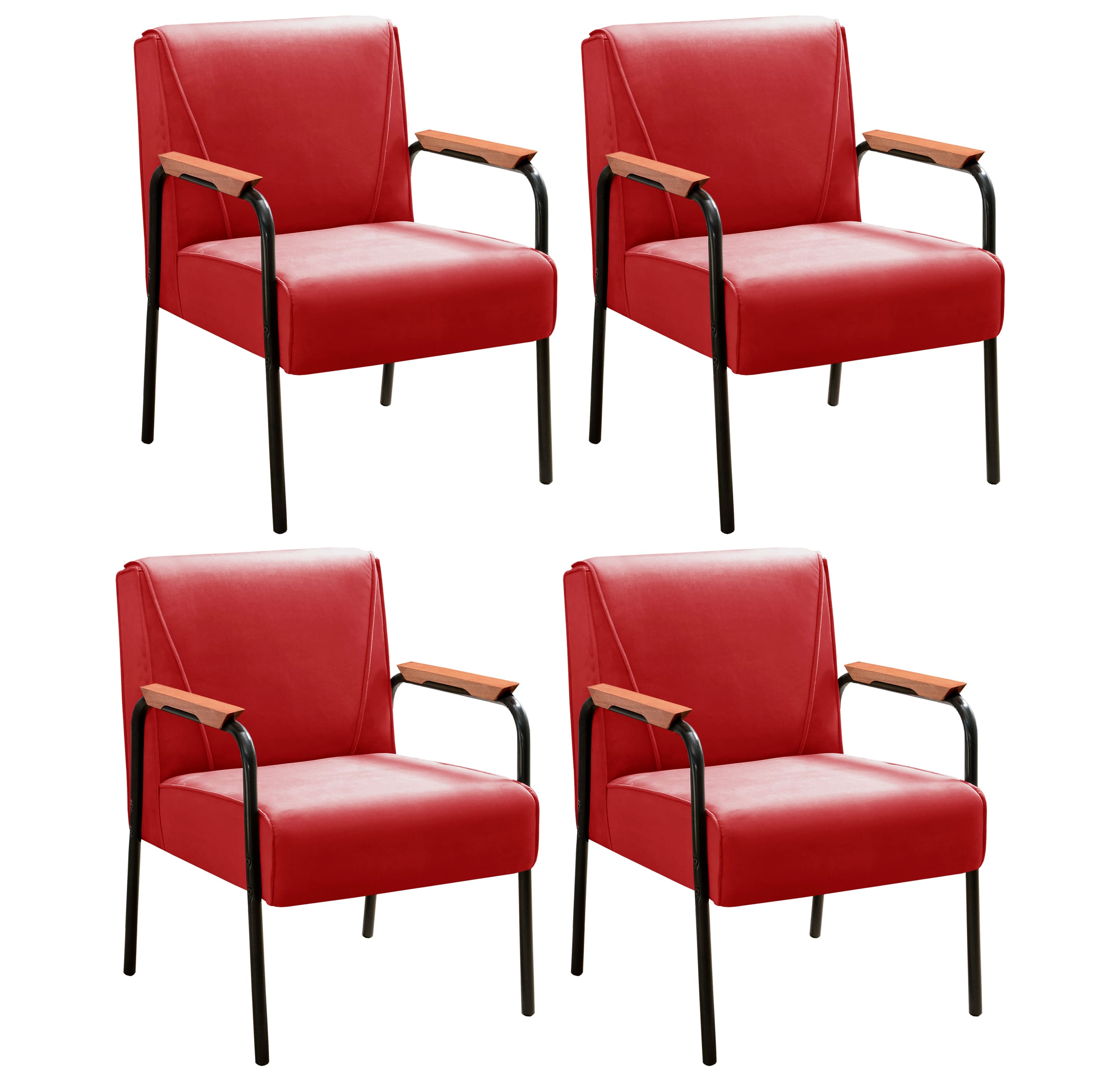 Kit 04 Poltronas Decorativas Jade Braço Fixo Preto - Suede Vermelho