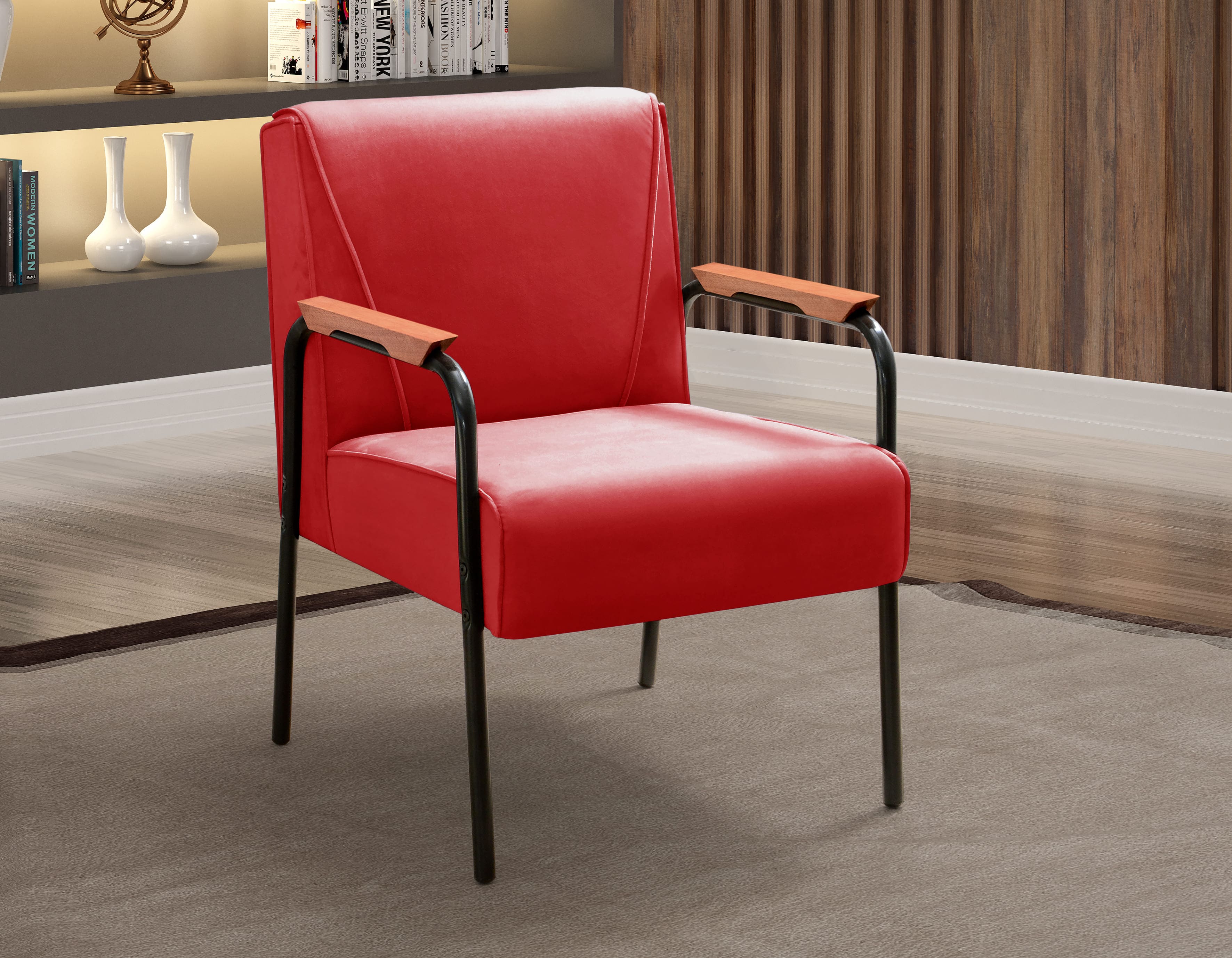 Kit 04 Poltronas Decorativas Jade Braço Fixo Preto - Suede Vermelho