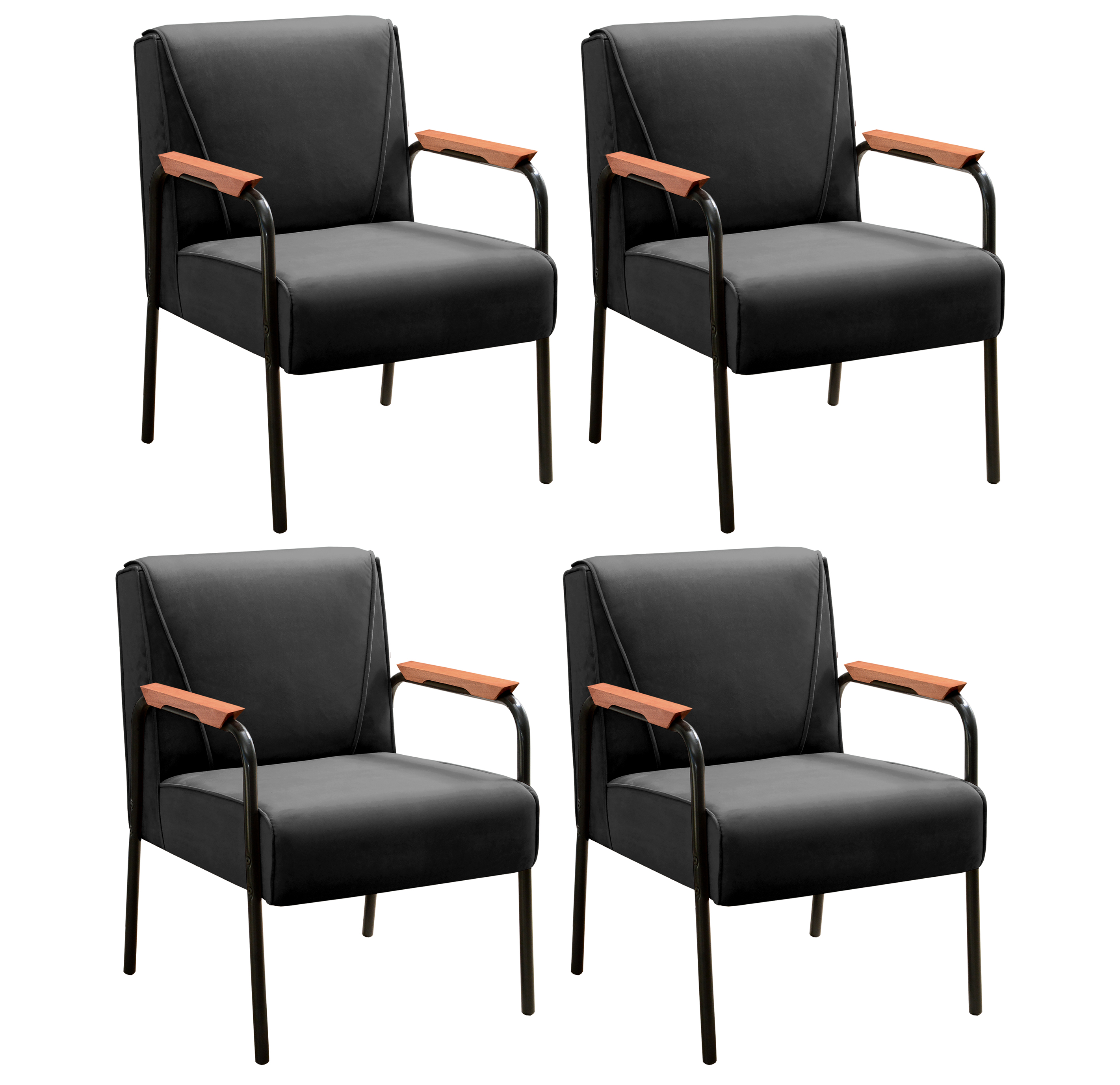 Kit 04 Poltronas Decorativas Jade Braço Fixo Preto - Veludo Preto
