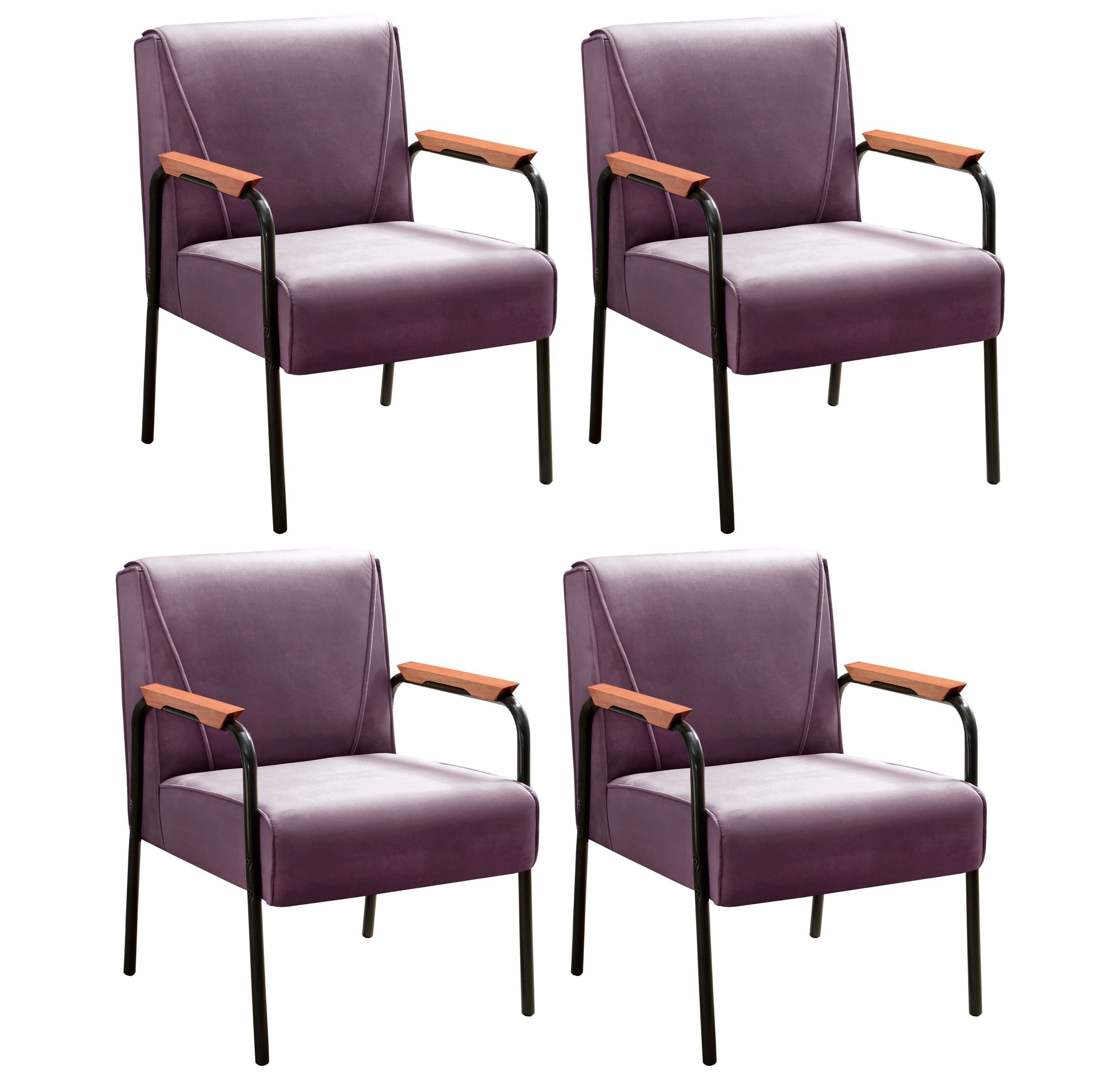 Kit 04 Poltronas Decorativas Jade Braço Fixo Preto - Veludo Roxo