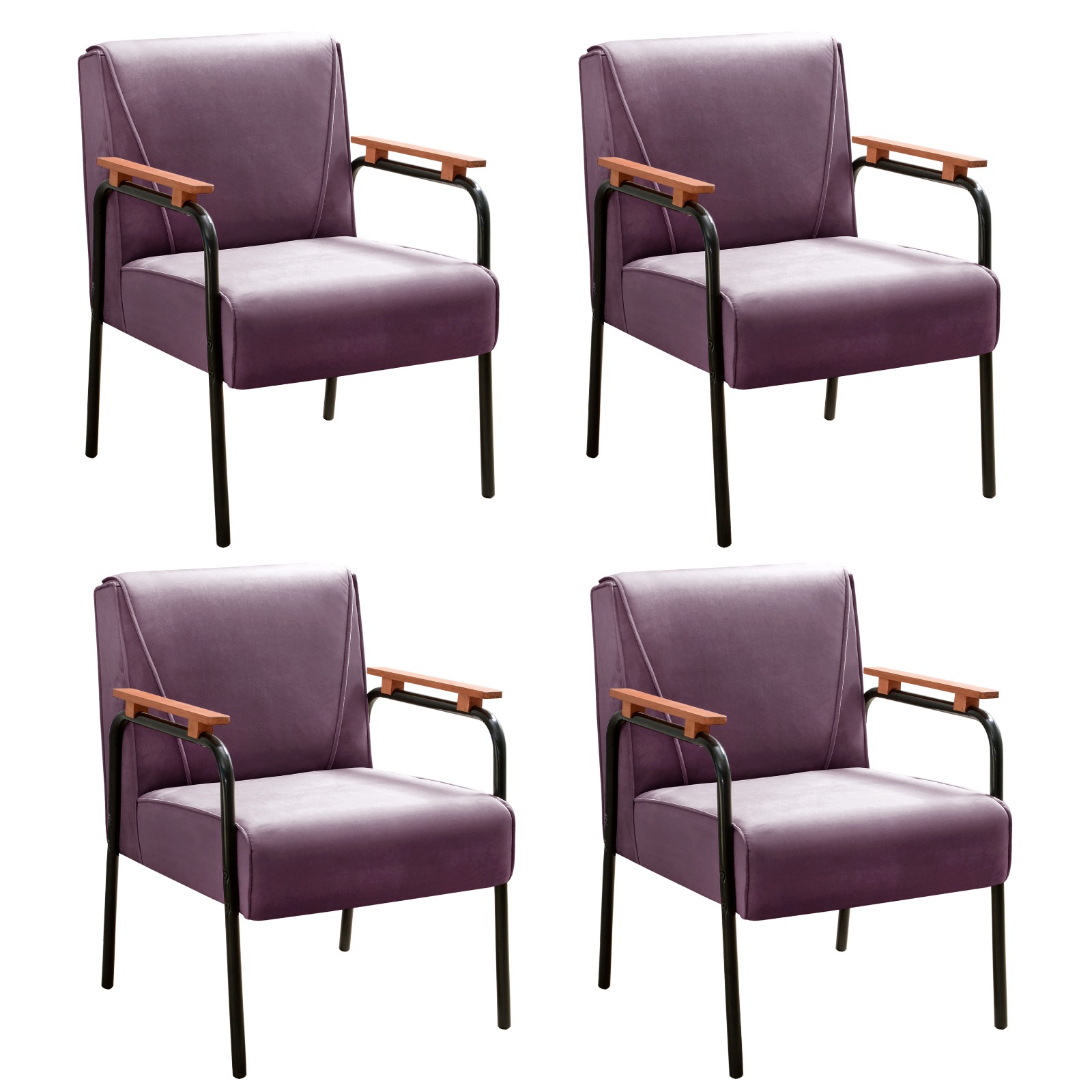 Kit 04 Poltronas Decorativas Jade Braço Fixo Preto - Veludo Roxo