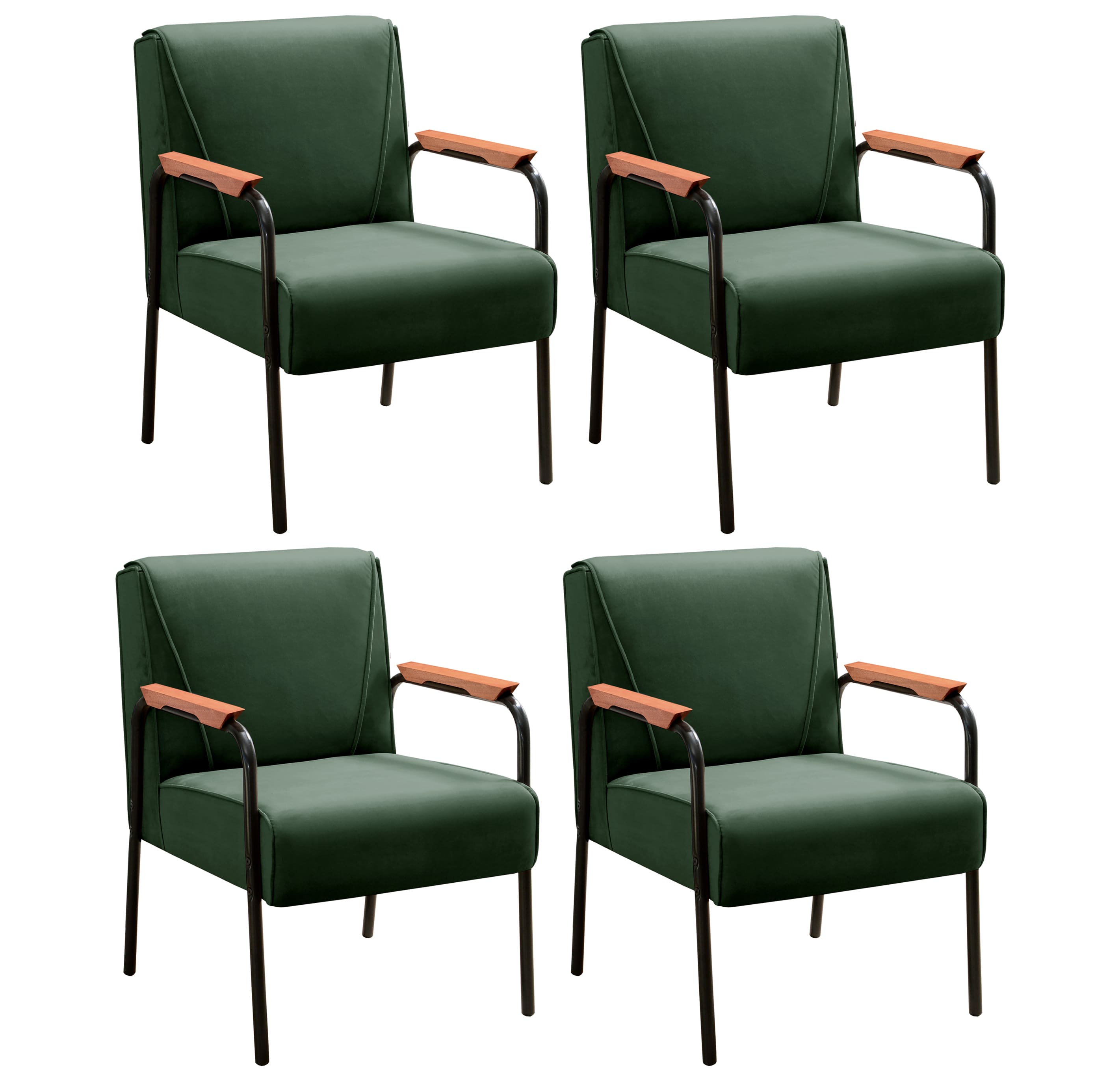 Kit 04 Poltronas Decorativas Jade Braço Fixo Preto - Veludo Verde