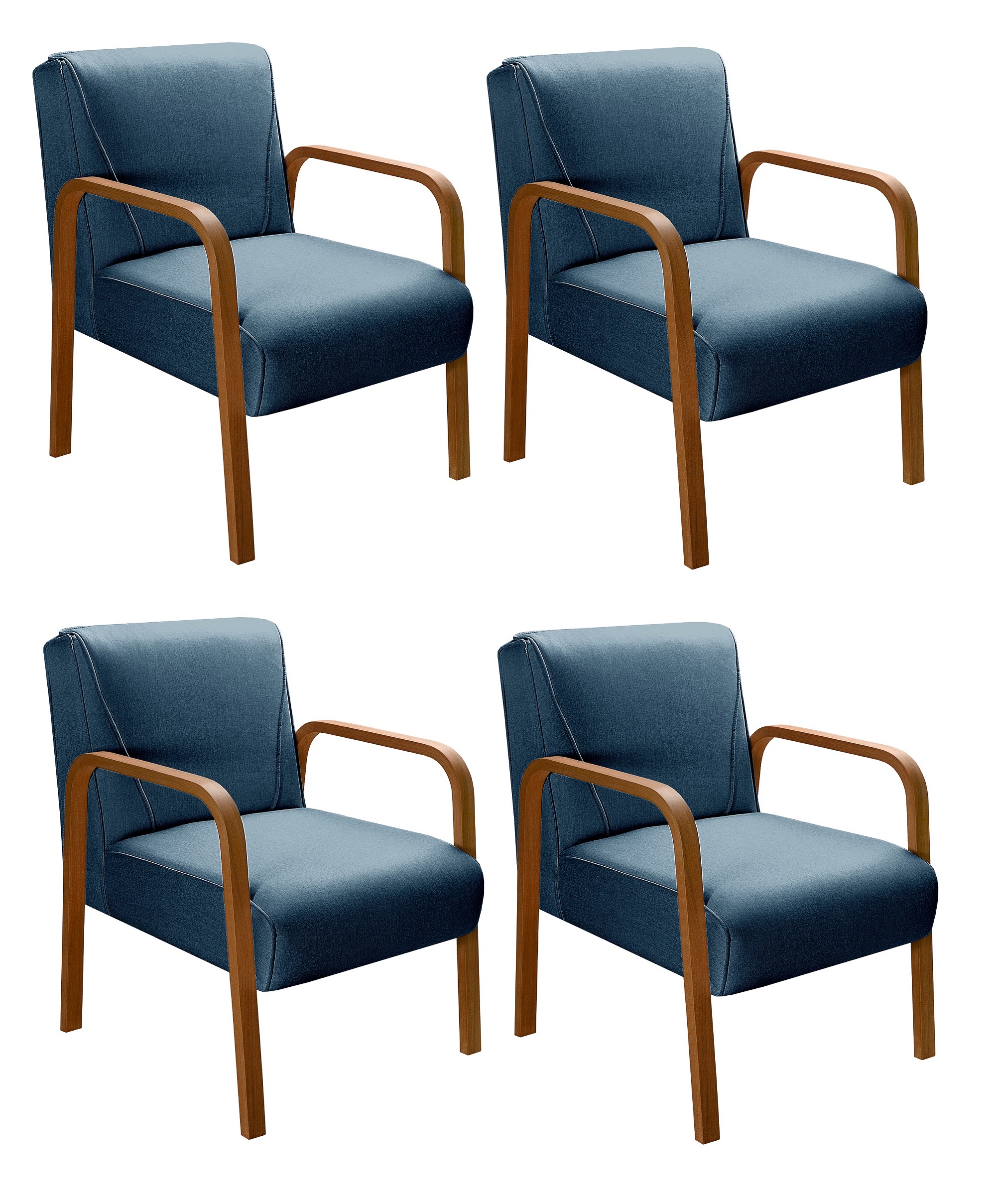 Kit C/ 4 Poltronas Decorativas Anita Braço Madeira Para Recepção - Linho Azul