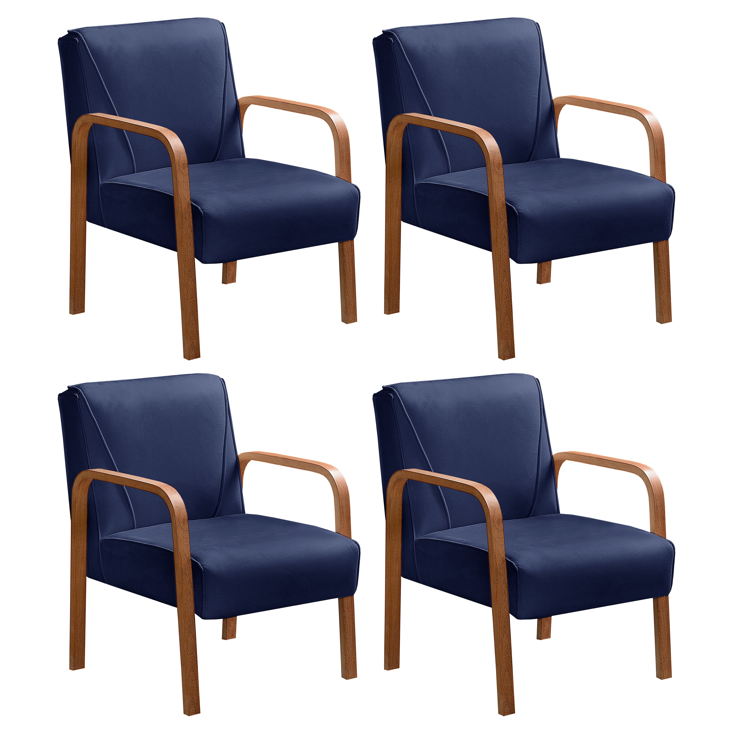Kit C/ 4 Poltronas Decorativas Anita Braço Madeira Para Recepção - Suede Azul Marinho