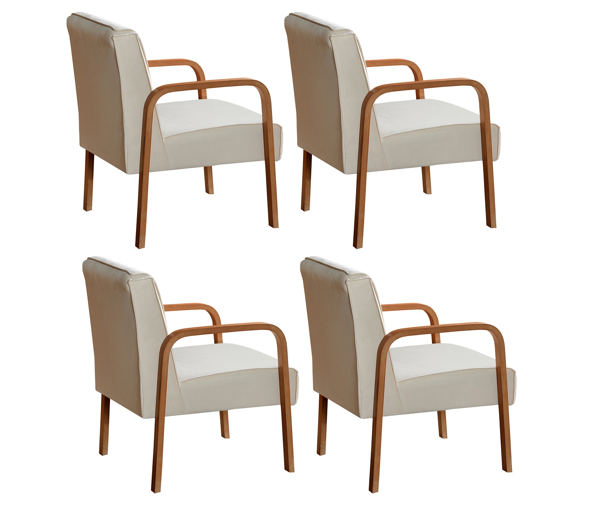Kit C/ 4 Poltronas Decorativas Anita Braço Madeira Para Recepção - Suede Bege Claro