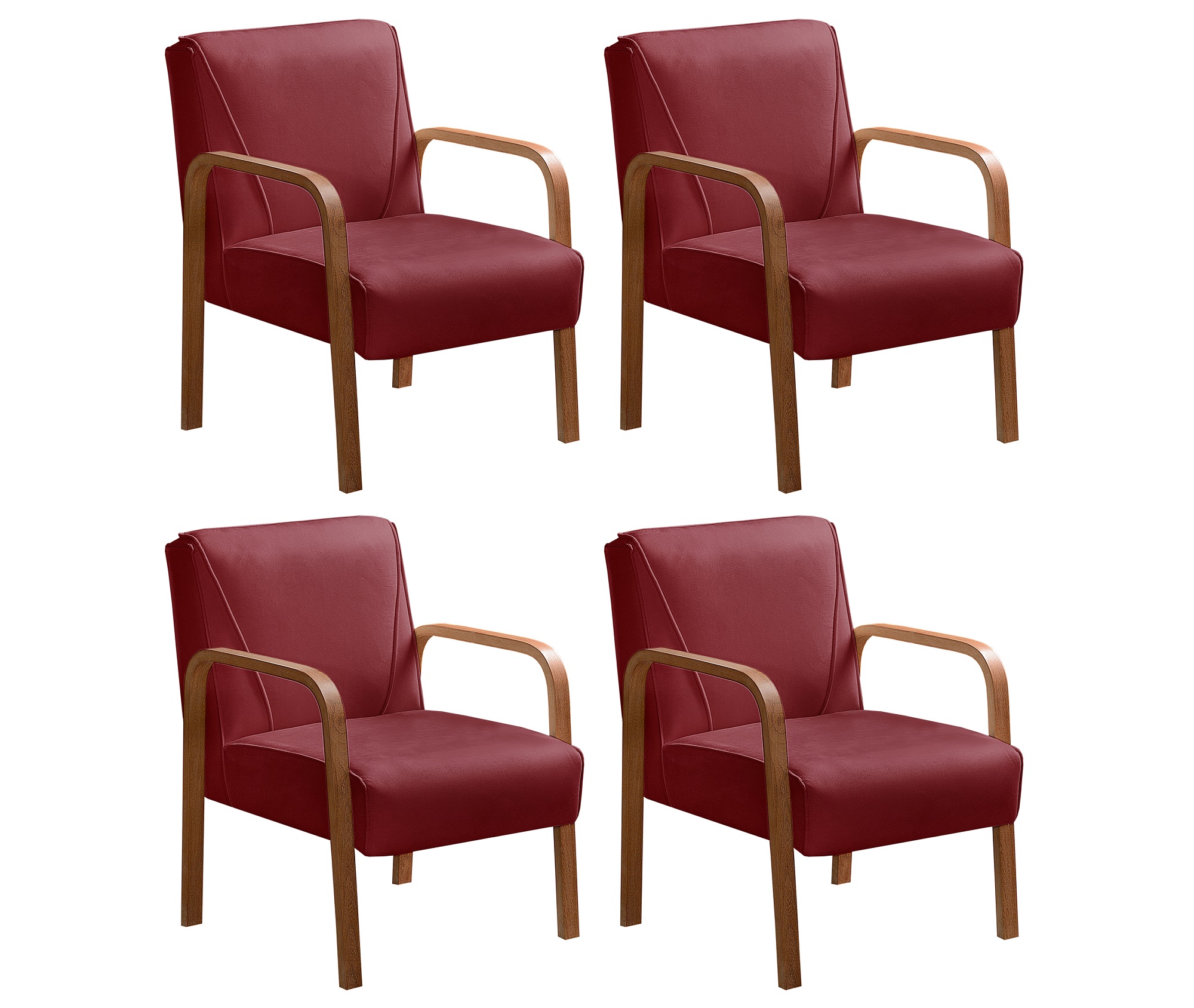 Kit C/ 4 Poltronas Decorativas Anita Braço Madeira Para Recepção - Suede Bordô