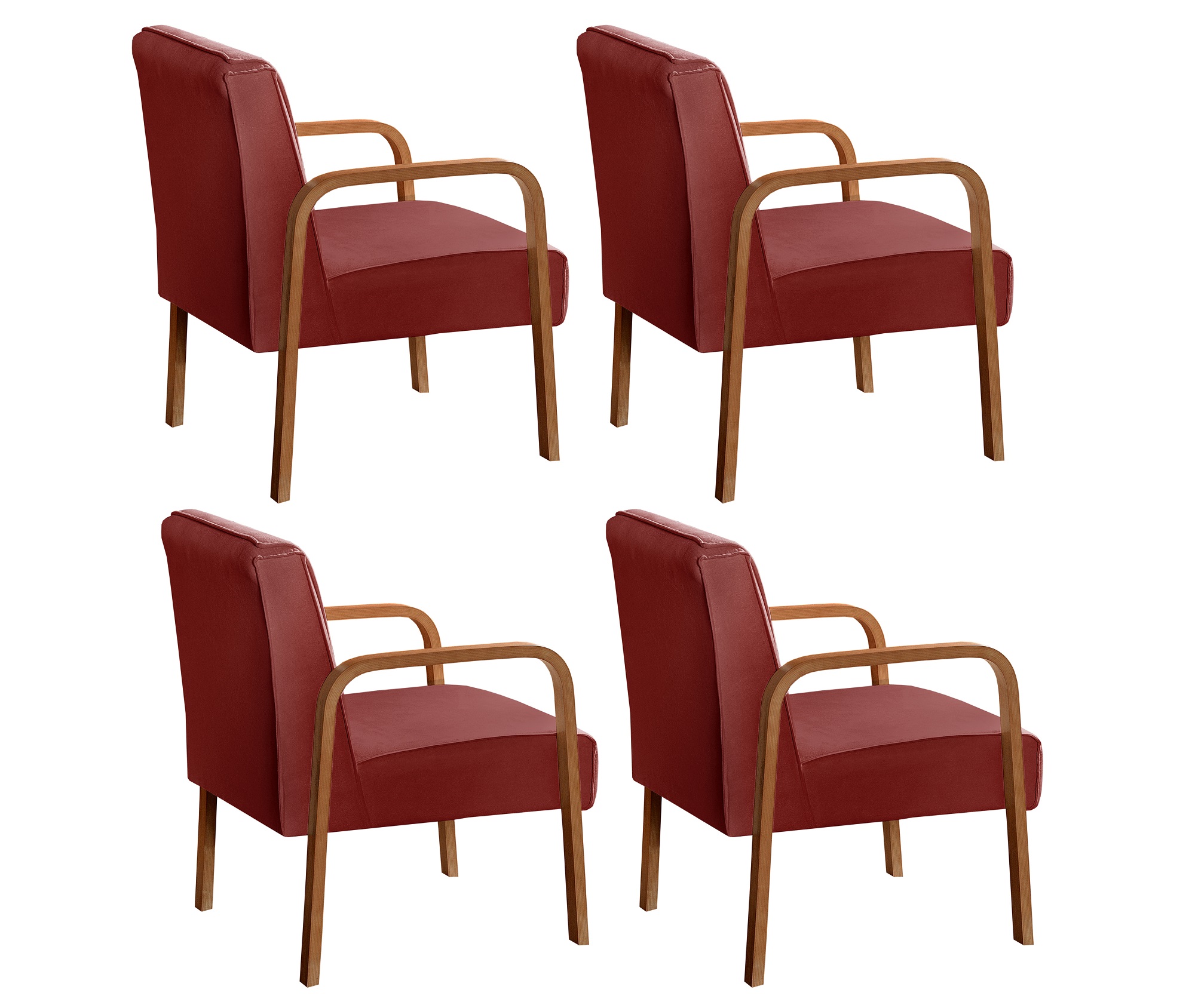 Kit C/ 4 Poltronas Decorativas Anita Braço Madeira Para Recepção - Suede Bordô