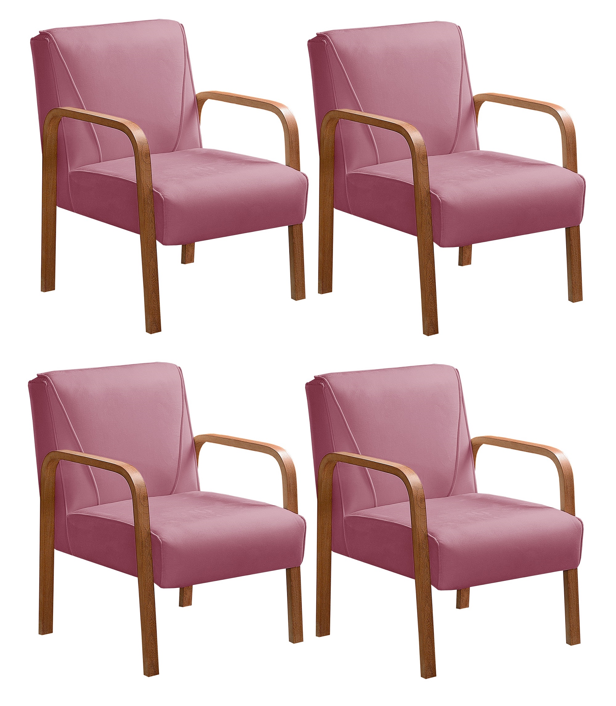 Kit C/ 4 Poltronas Decorativas Anita Braço Madeira Para Recepção - Suede Rosa