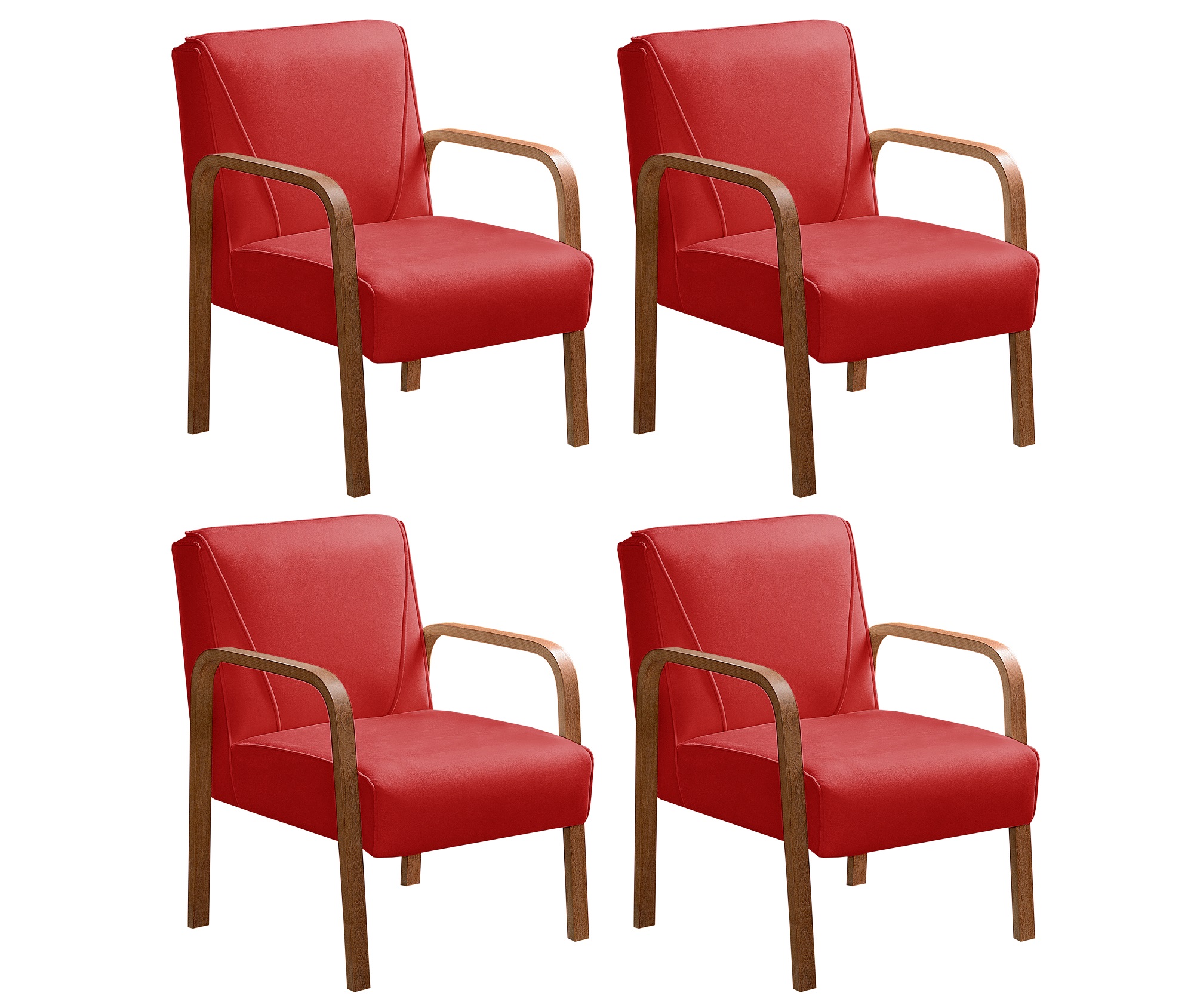 Kit C/ 4 Poltronas Decorativas Anita Braço Madeira Para Recepção - Suede Vermelho