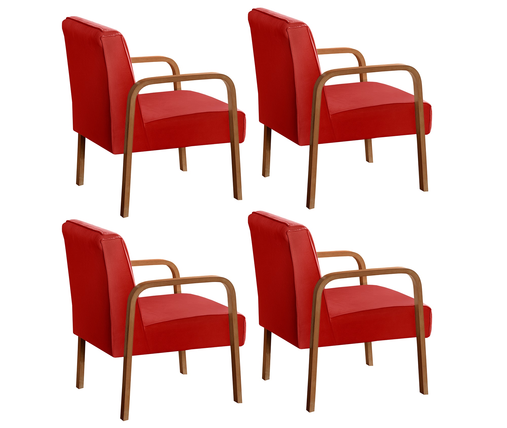 Kit C/ 4 Poltronas Decorativas Anita Braço Madeira Para Recepção - Suede Vermelho