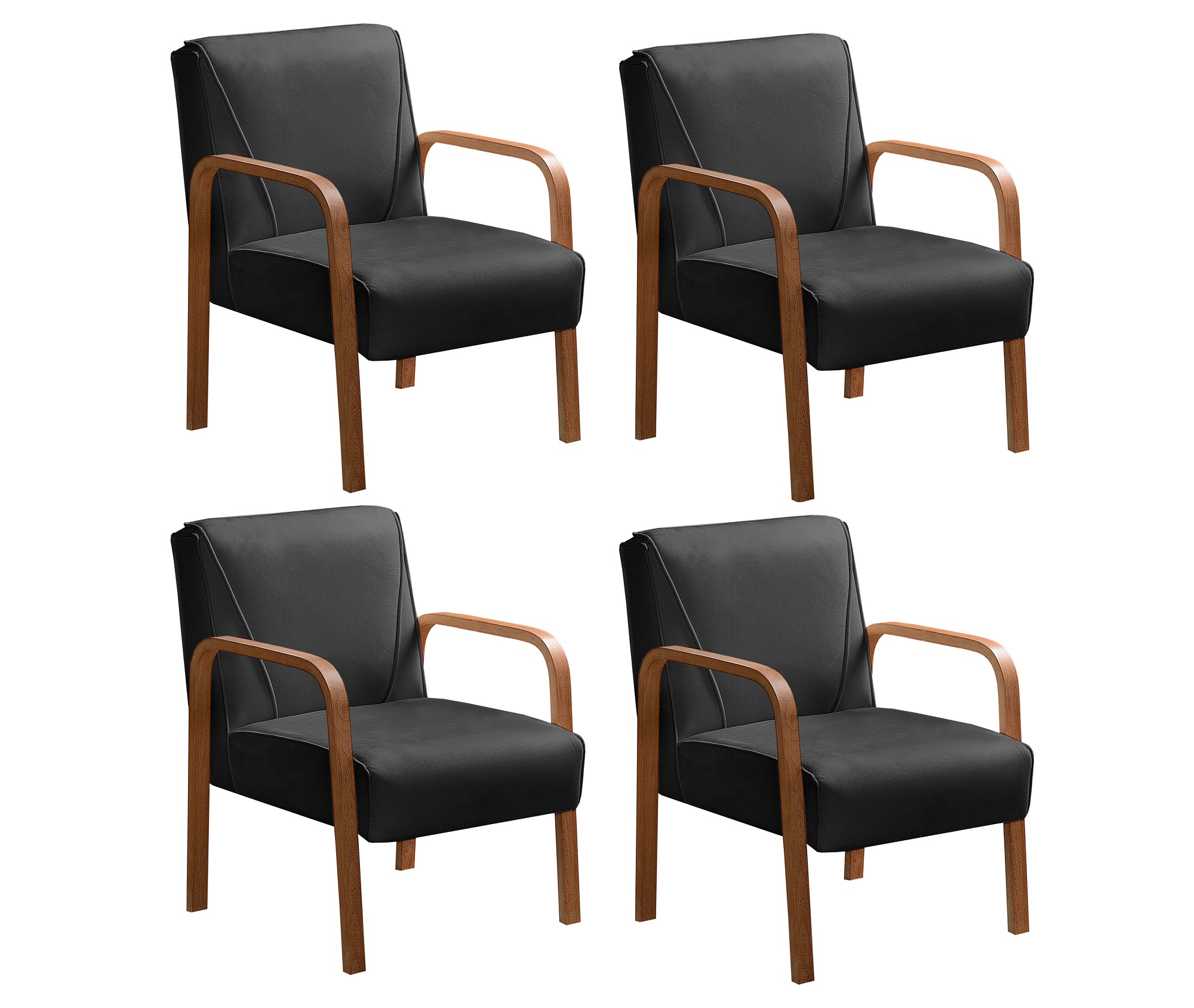 Kit C/ 4 Poltronas Decorativas Anita Braço Madeira Para Recepção - Veludo Preto