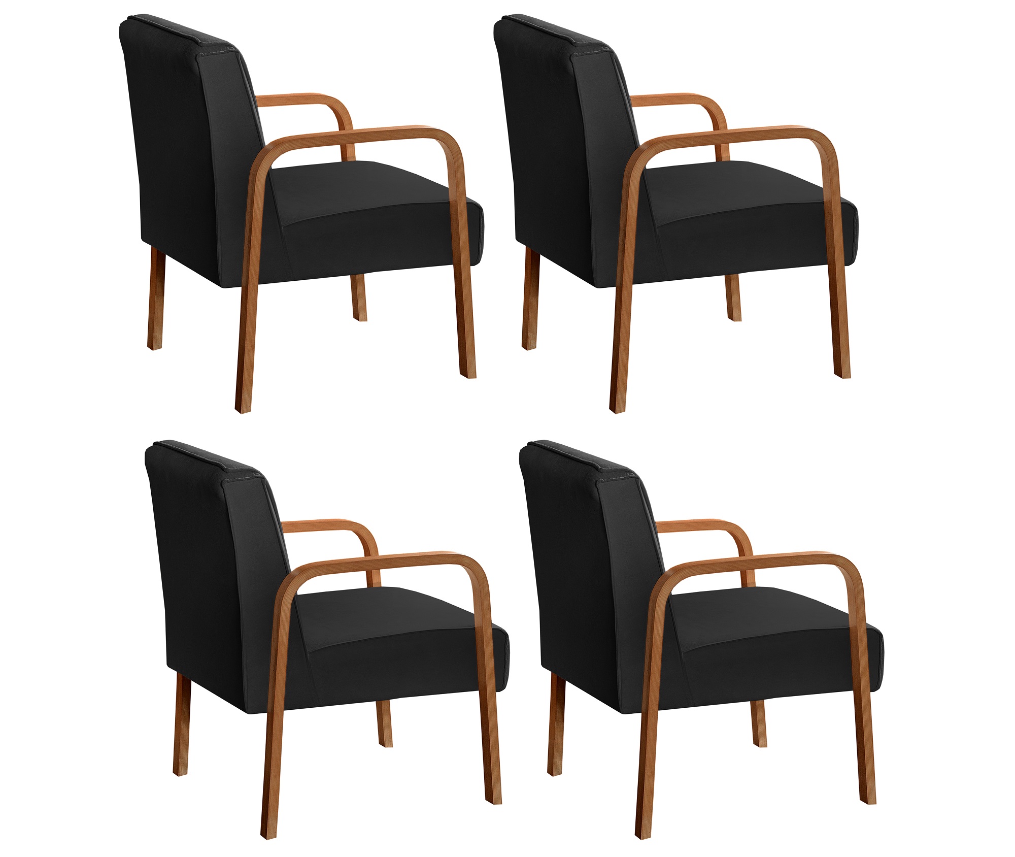 Kit C/ 4 Poltronas Decorativas Anita Braço Madeira Para Recepção - Veludo Preto