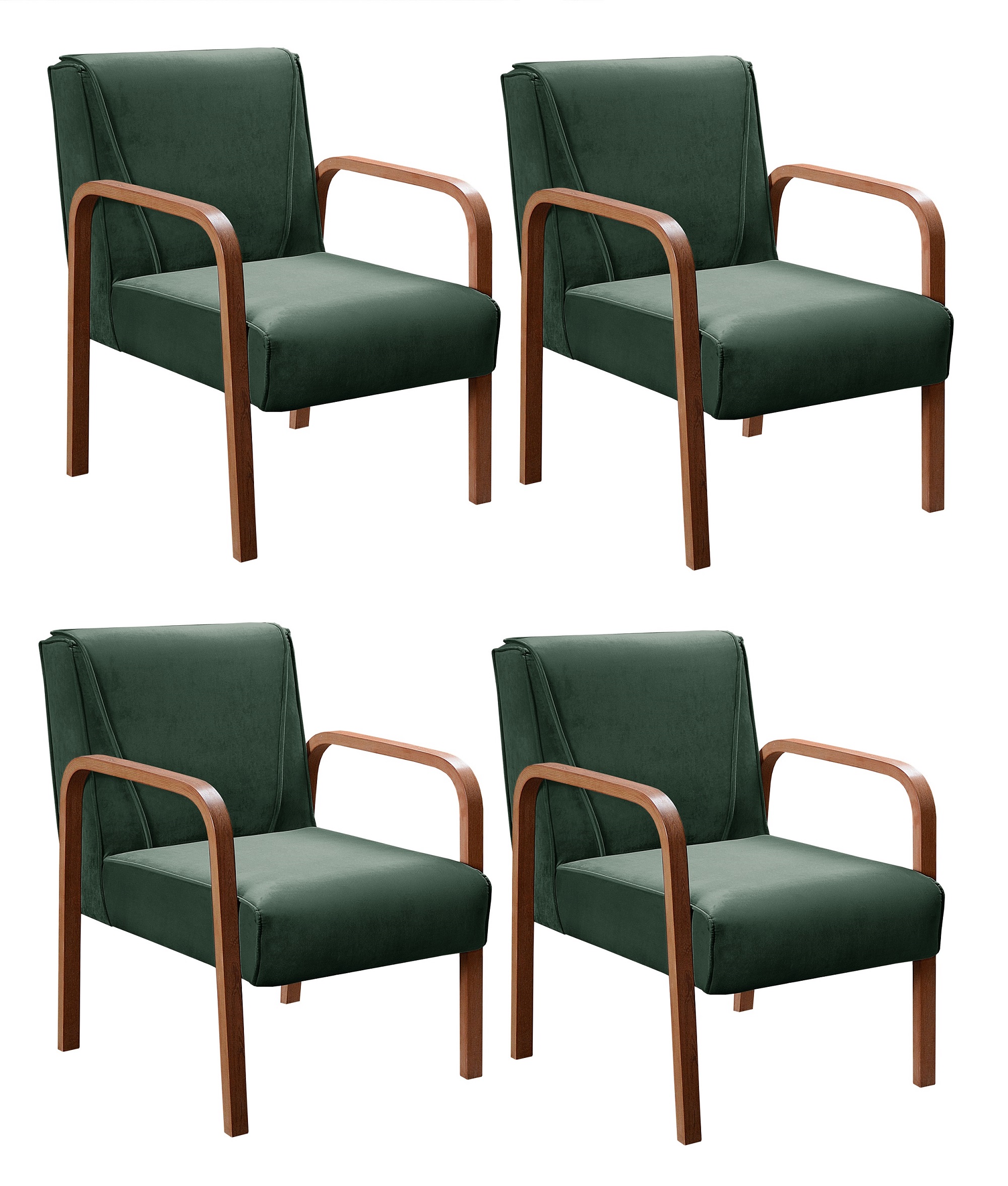 Kit C/ 4 Poltronas Decorativas Anita Braço Madeira Para Recepção - Veludo Verde