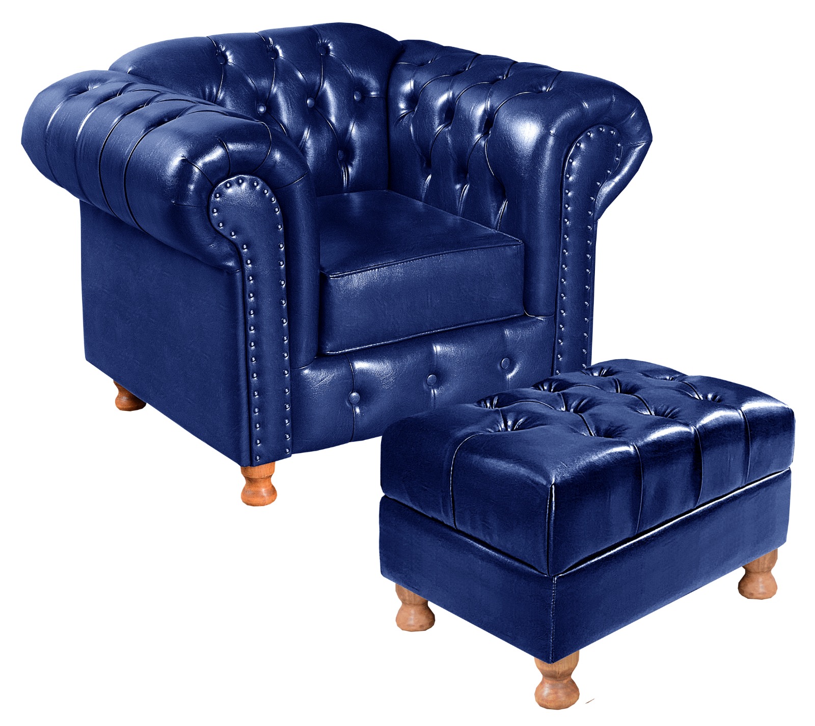Kit Conjunto Poltrona Com Puff Chesterfield Capitonê Luís Xv - Couríssimo Azul