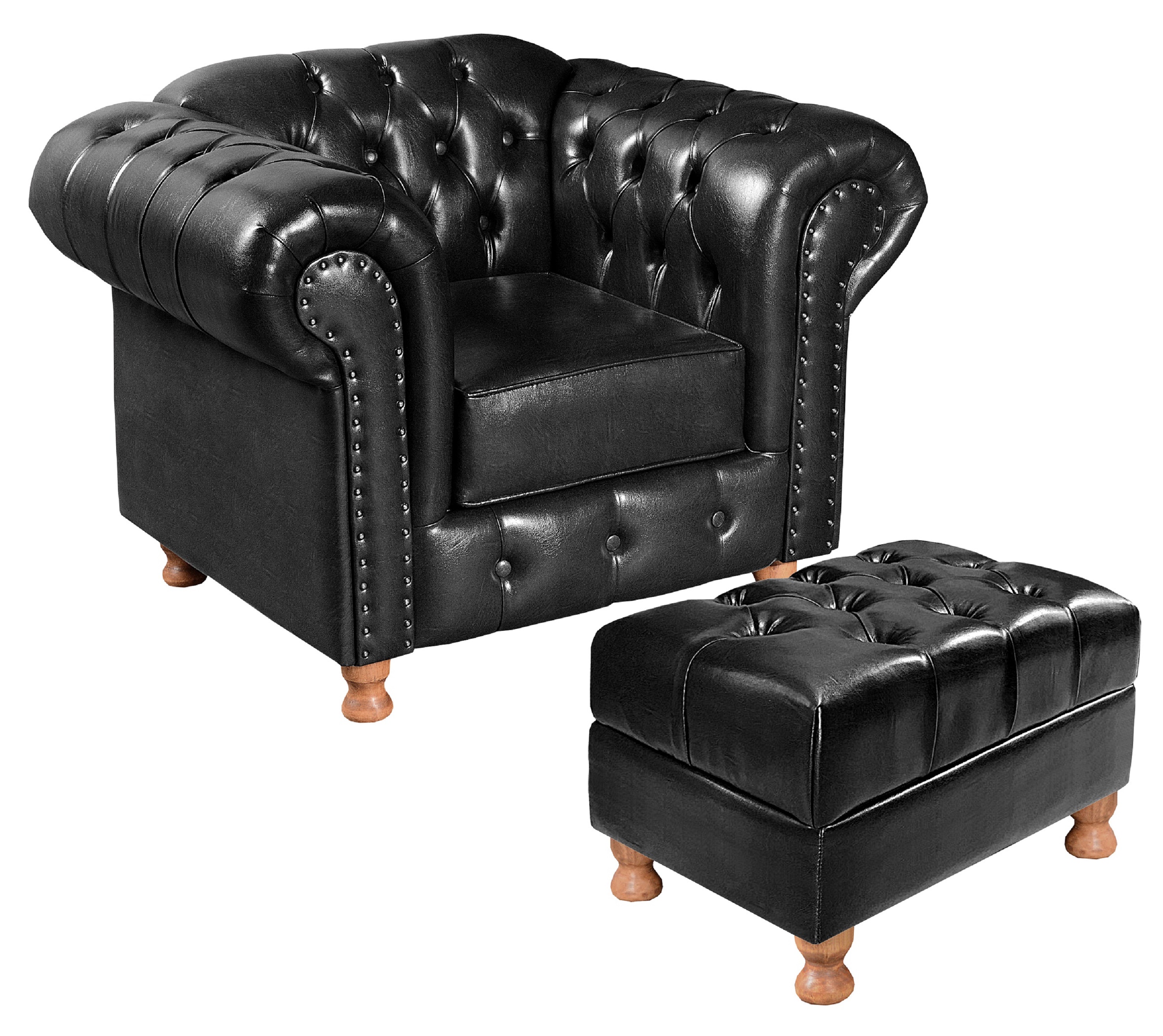 Kit Conjunto Poltrona Com Puff Chesterfield Capitonê Luís Xv - Couríssimo Preto