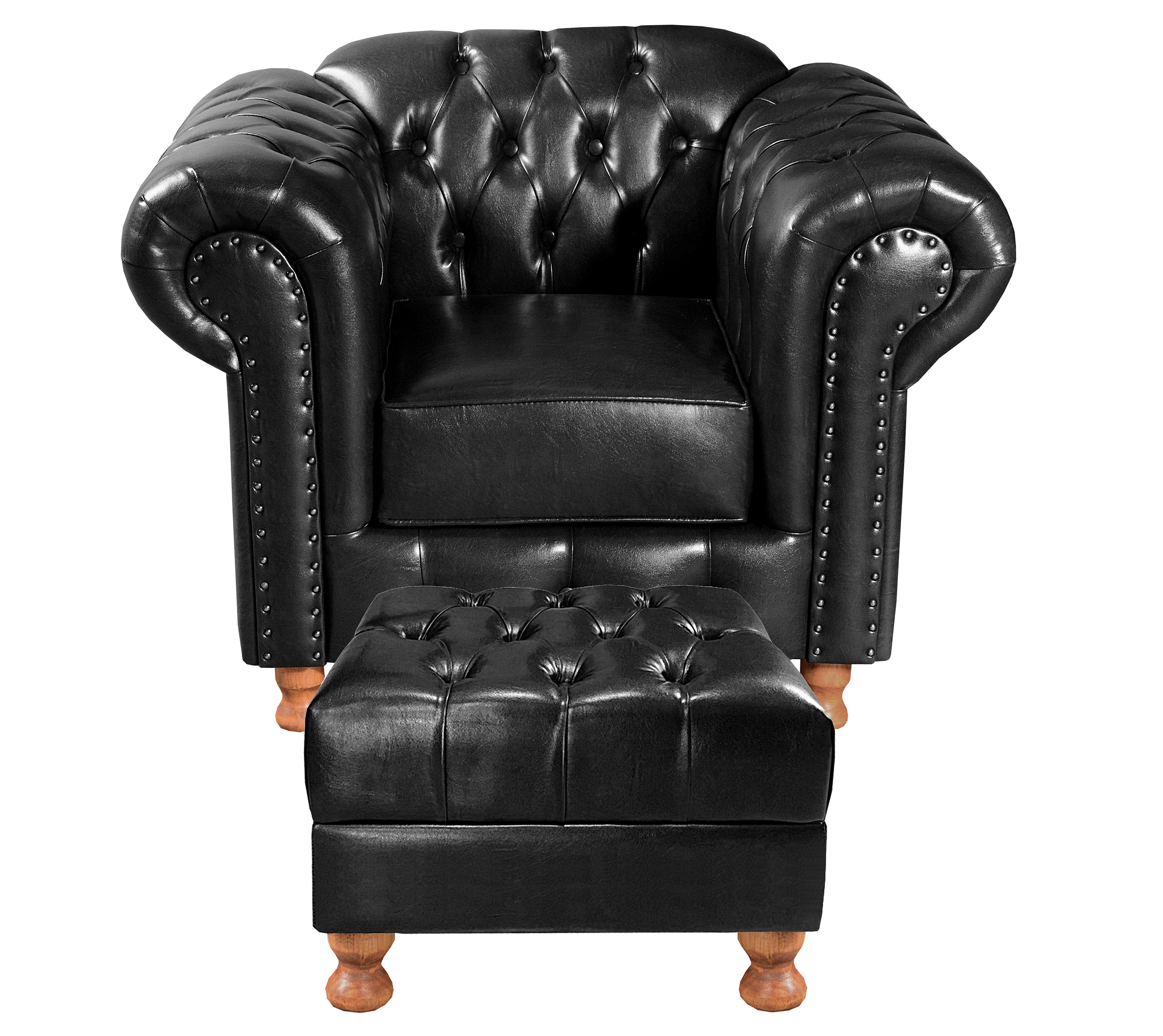 Kit Conjunto Poltrona Com Puff Chesterfield Capitonê Luís Xv - Couríssimo Preto