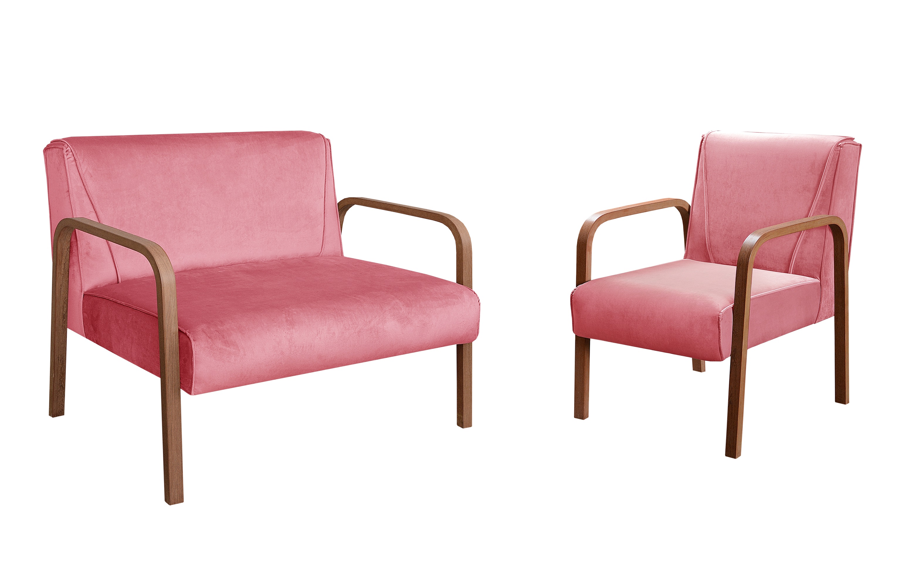 Kit Namoradeira E Poltrona Anita Braço Madeira -  Suede Rosa