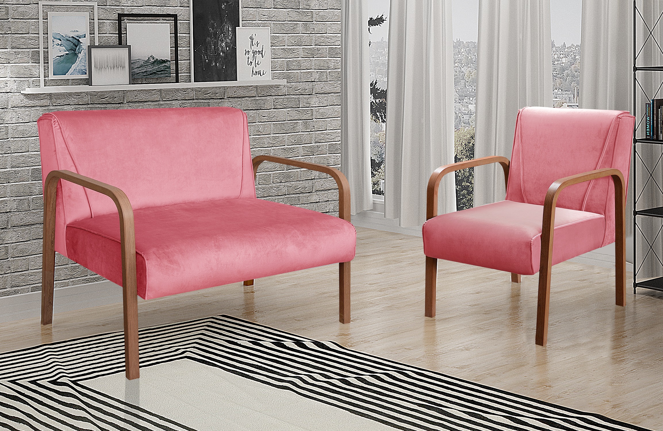 Kit Namoradeira E Poltrona Anita Braço Madeira -  Suede Rosa