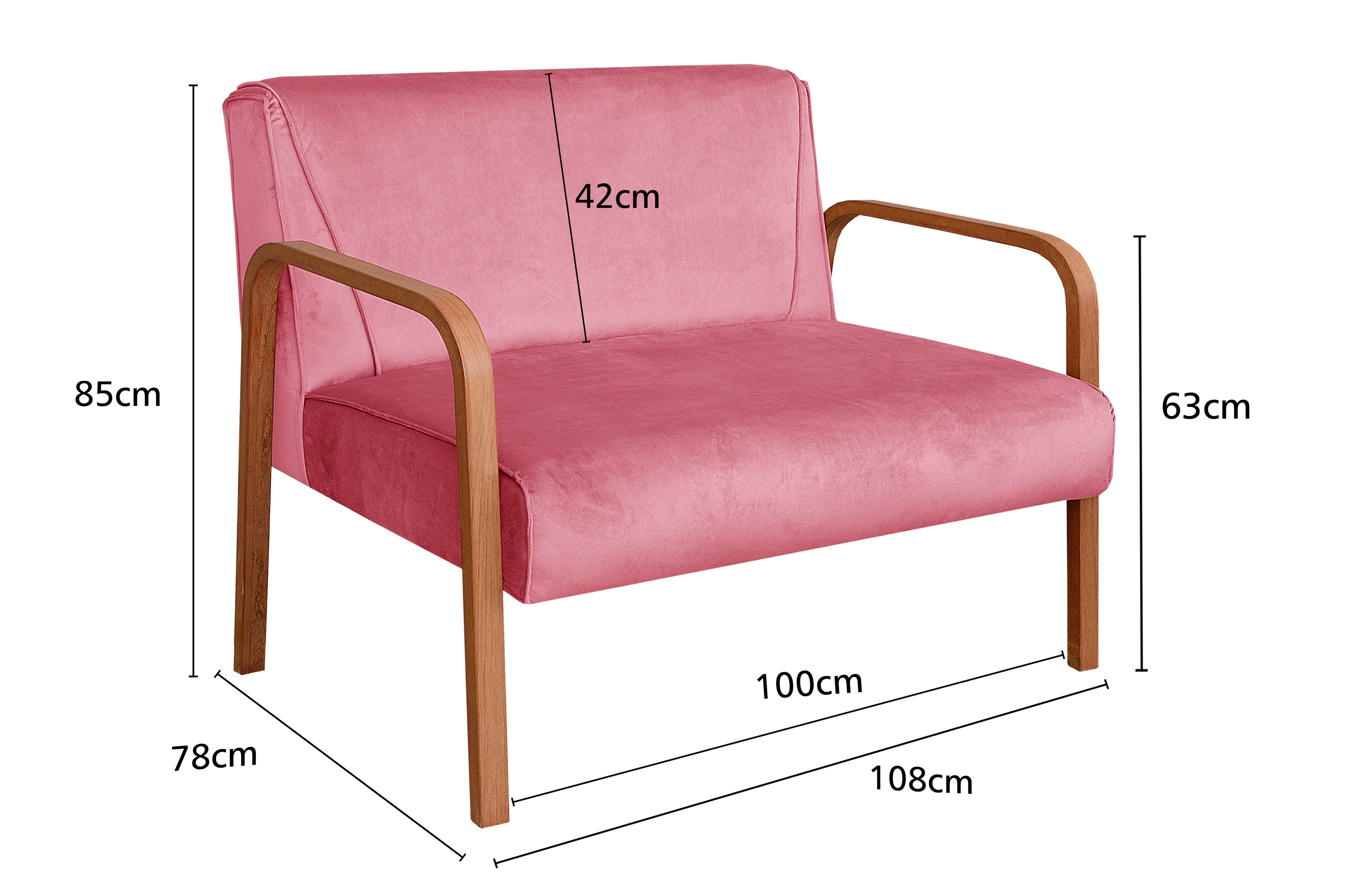 Kit Namoradeira E Poltrona Anita Braço Madeira -  Suede Rosa