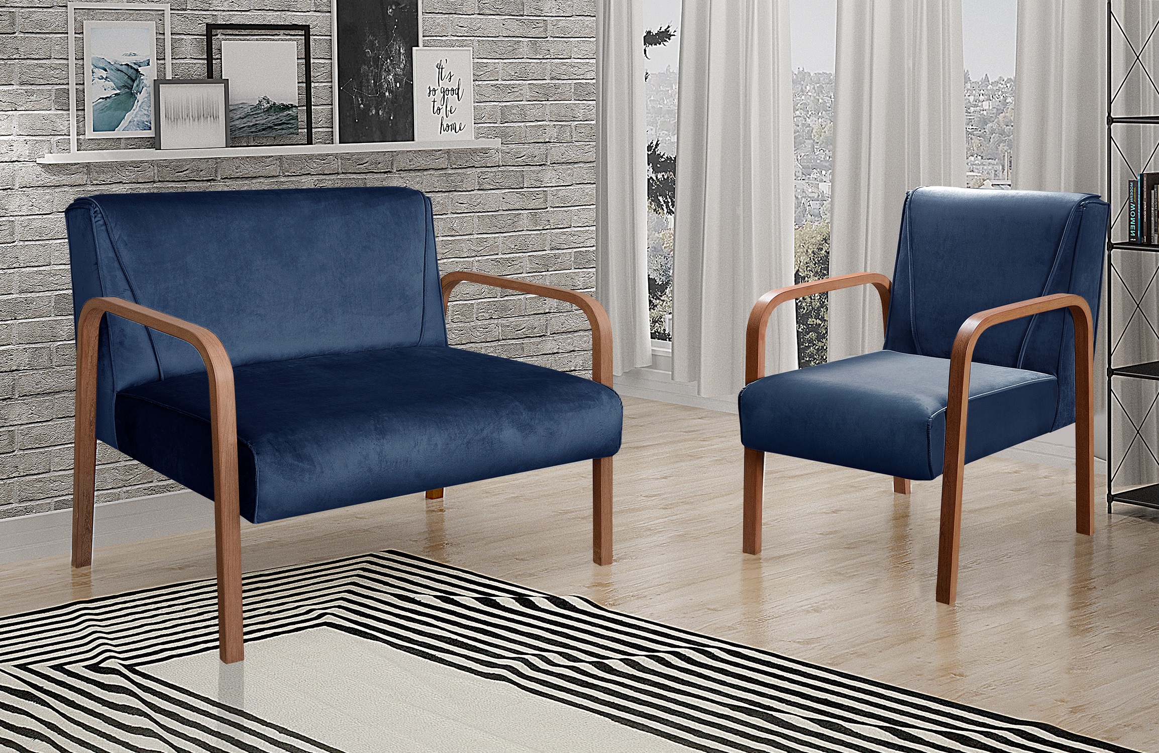 Kit Namoradeira E Poltrona Anita Braço Madeira - Suede Azul Marinho