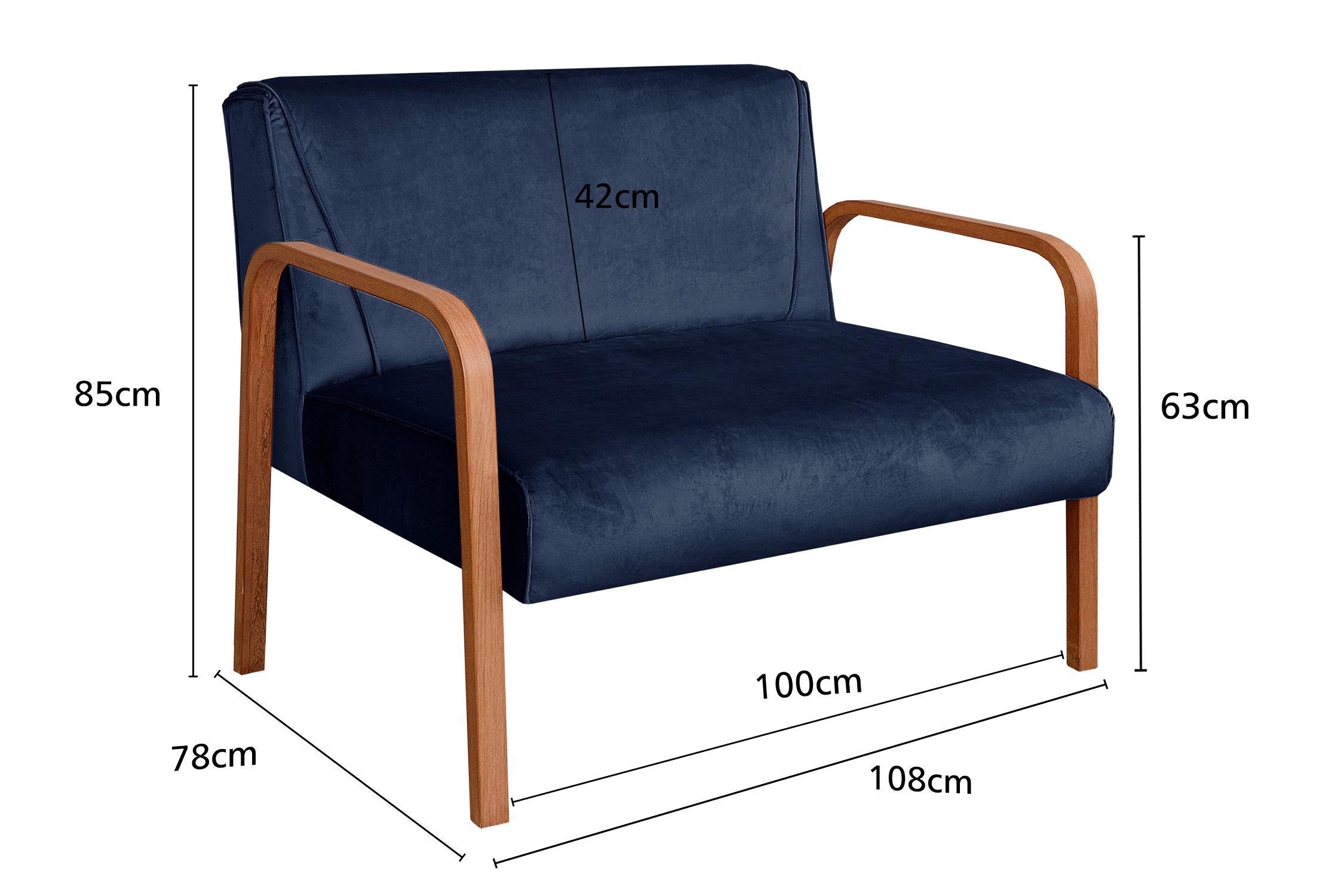 Kit Namoradeira E Poltrona Anita Braço Madeira - Suede Azul Marinho