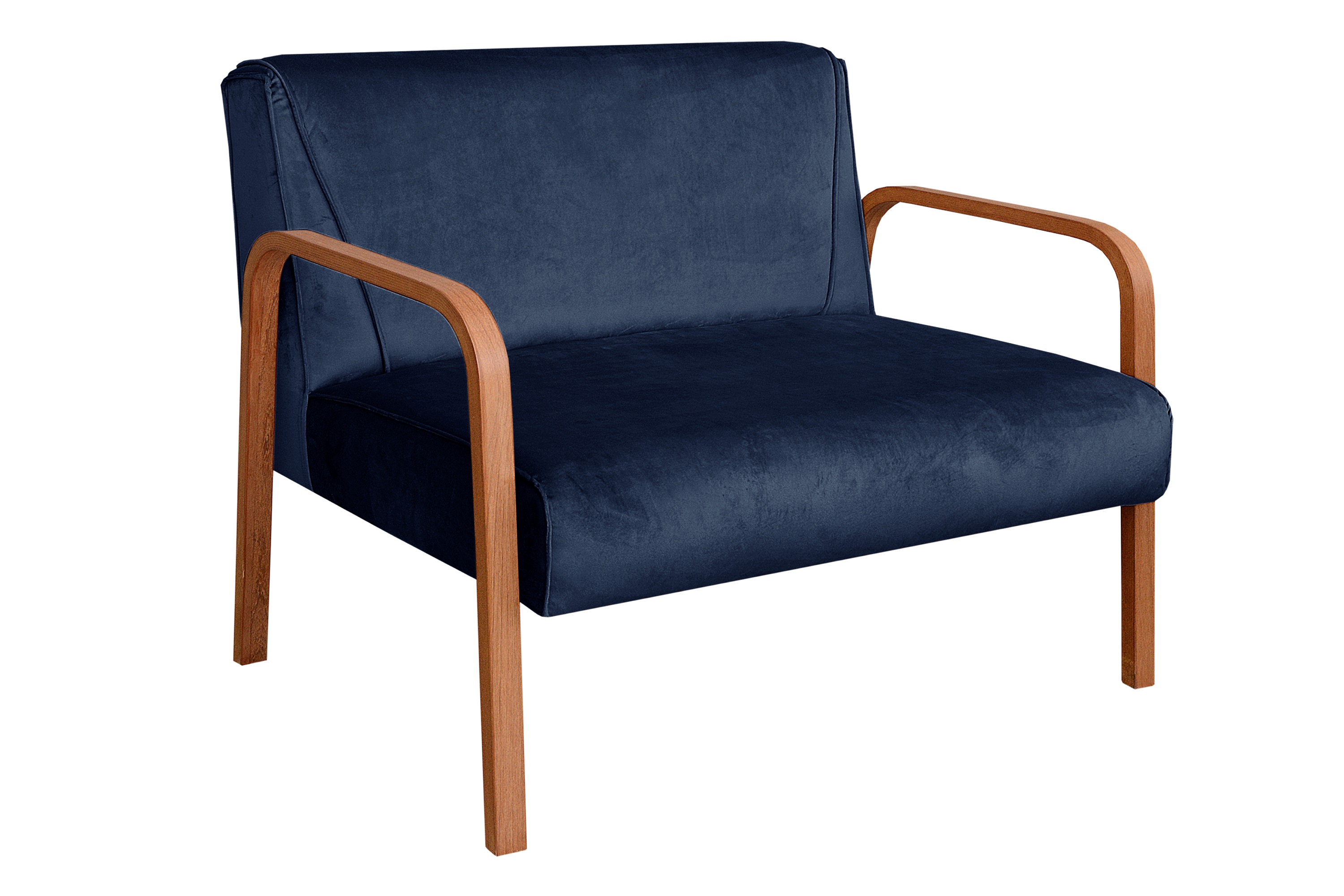 Kit Namoradeira E Poltrona Anita Braço Madeira - Suede Azul Marinho