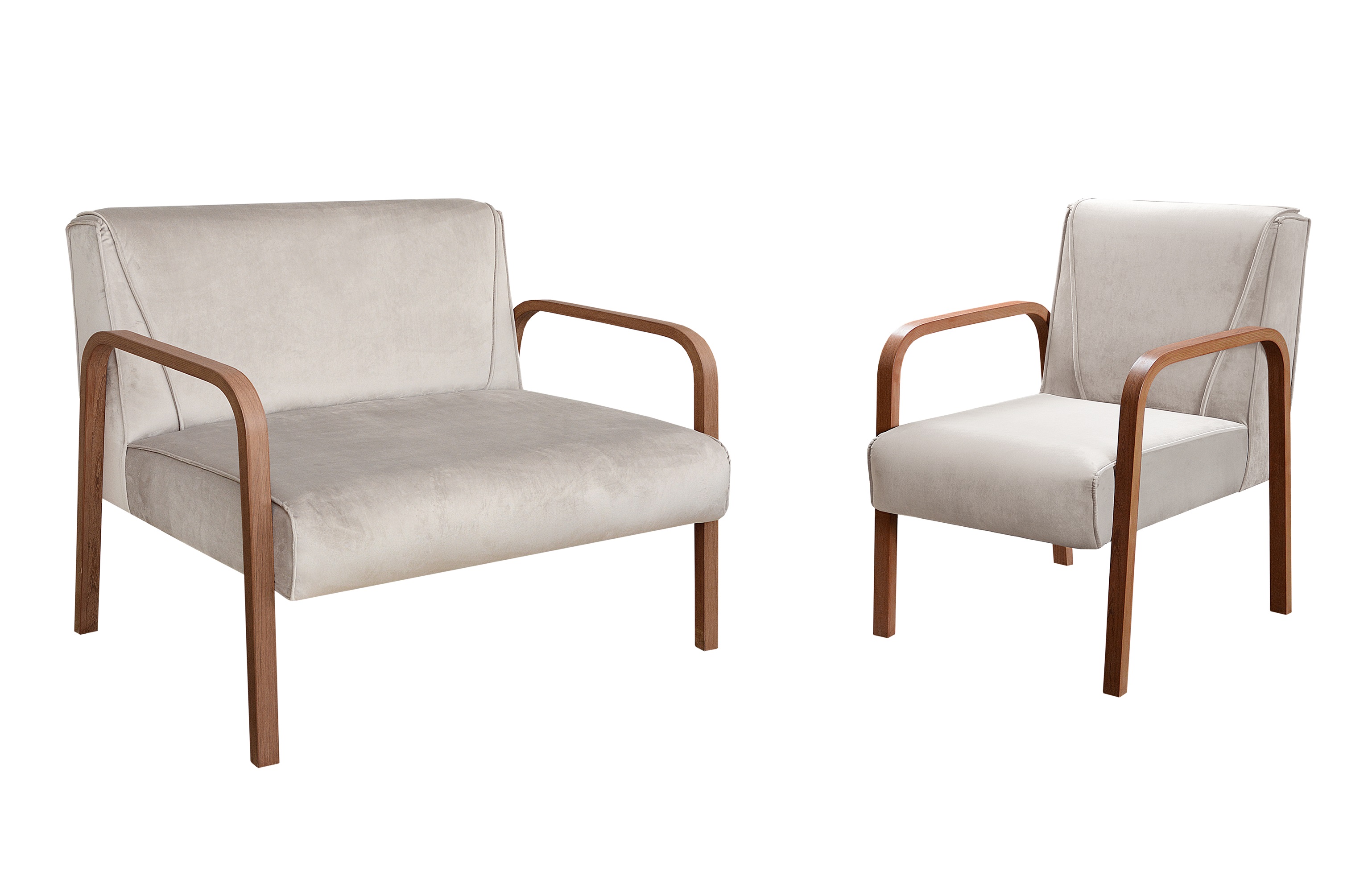 Kit Namoradeira E Poltrona Anita Braço Madeira - Suede Bege
