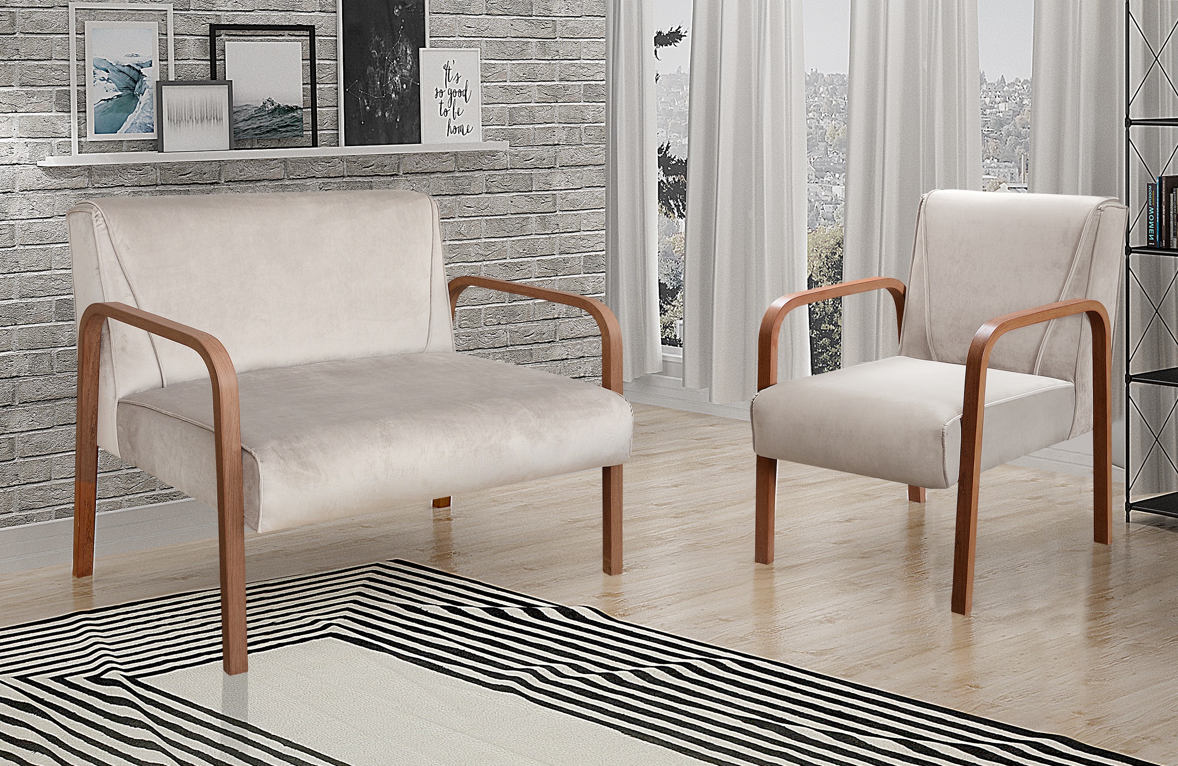 Kit Namoradeira E Poltrona Anita Braço Madeira - Suede Bege