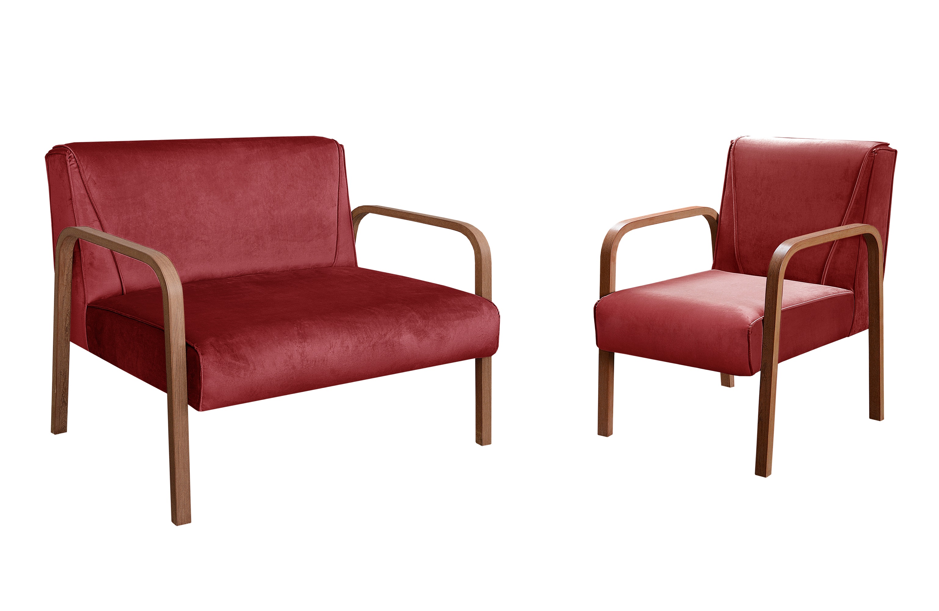 Kit Namoradeira E Poltrona Anita Braço Madeira - Suede Bordô