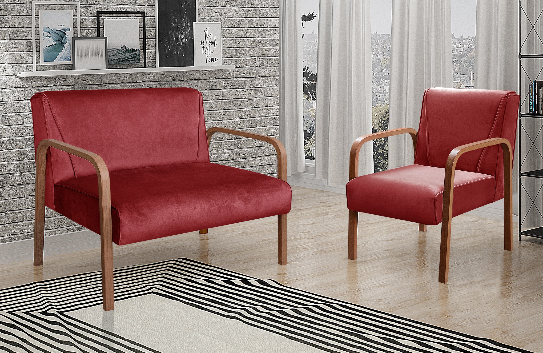 Kit Namoradeira E Poltrona Anita Braço Madeira - Suede Bordô