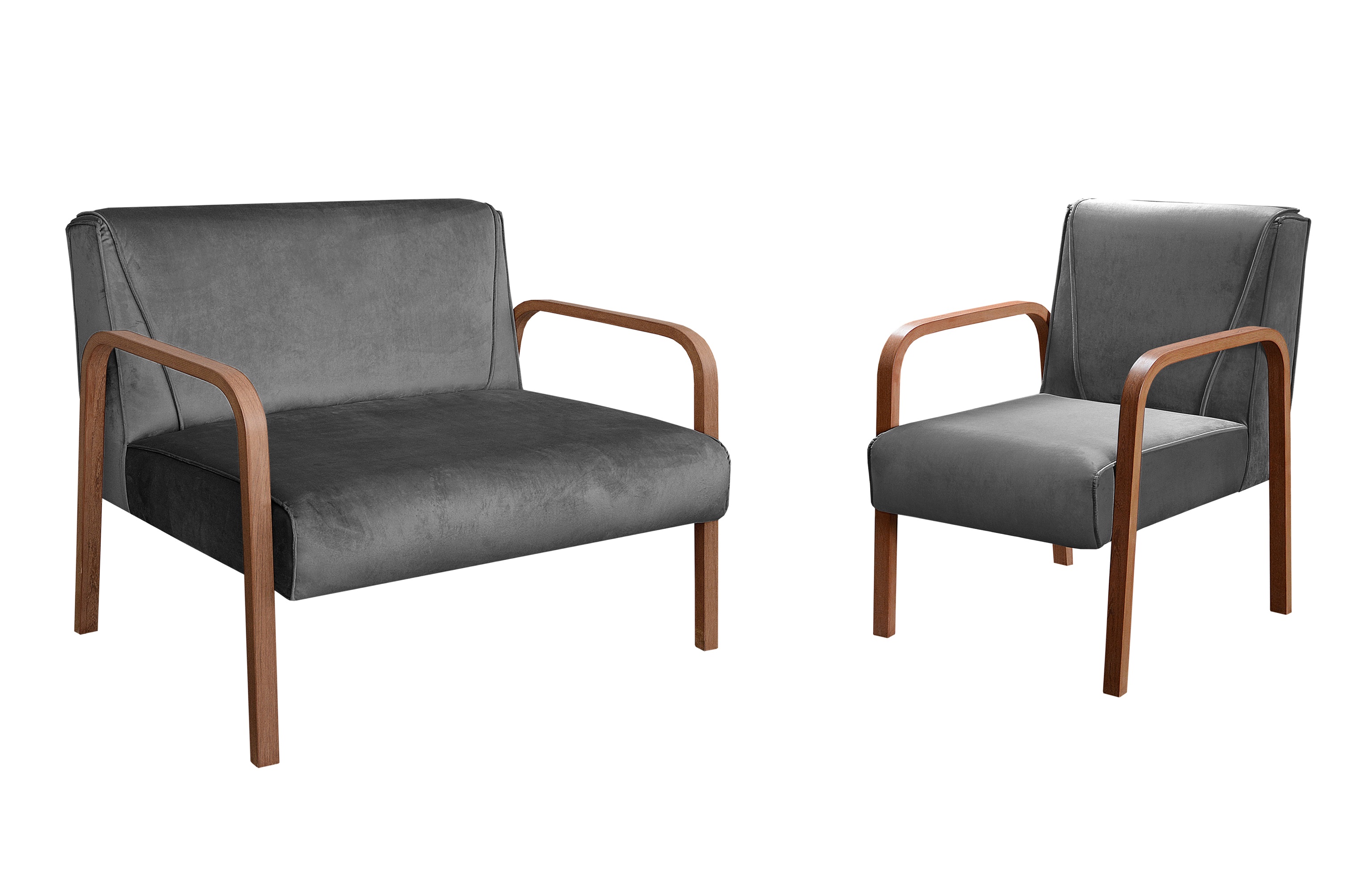 Kit Namoradeira E Poltrona Anita Braço Madeira - Suede Cinza