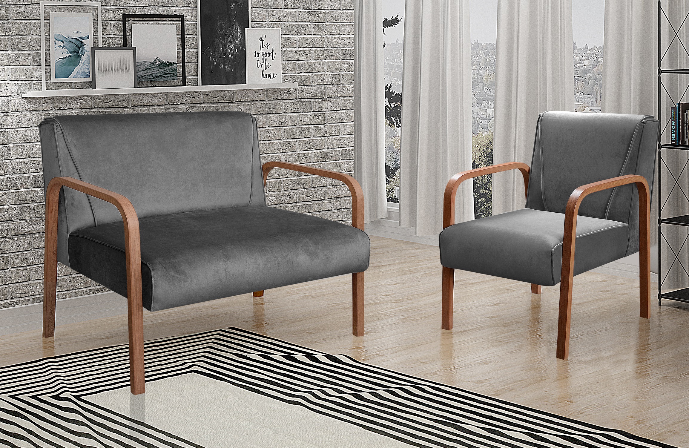 Kit Namoradeira E Poltrona Anita Braço Madeira - Suede Cinza