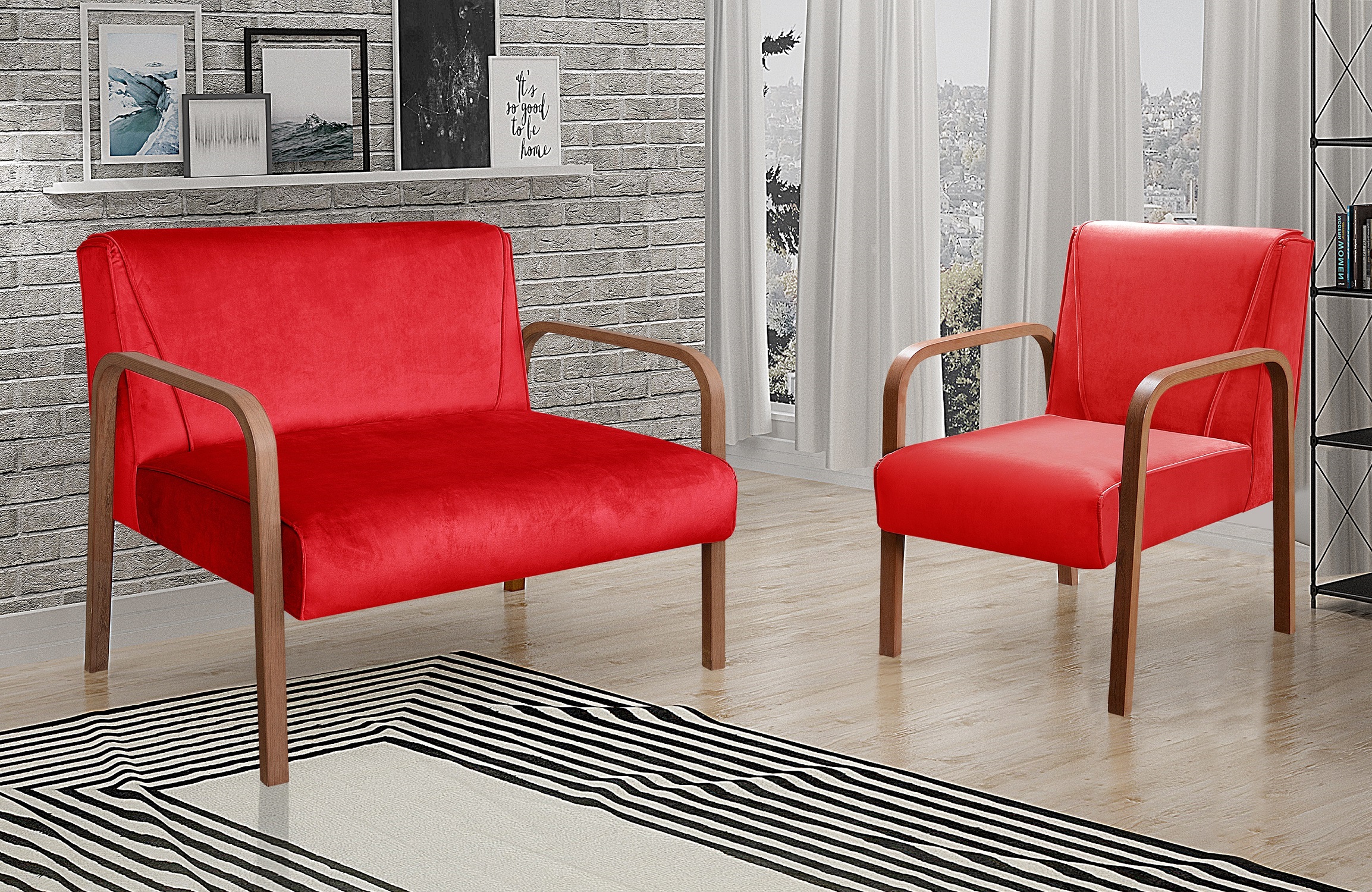 Kit Namoradeira E Poltrona Anita Braço Madeira - Suede Vermelho