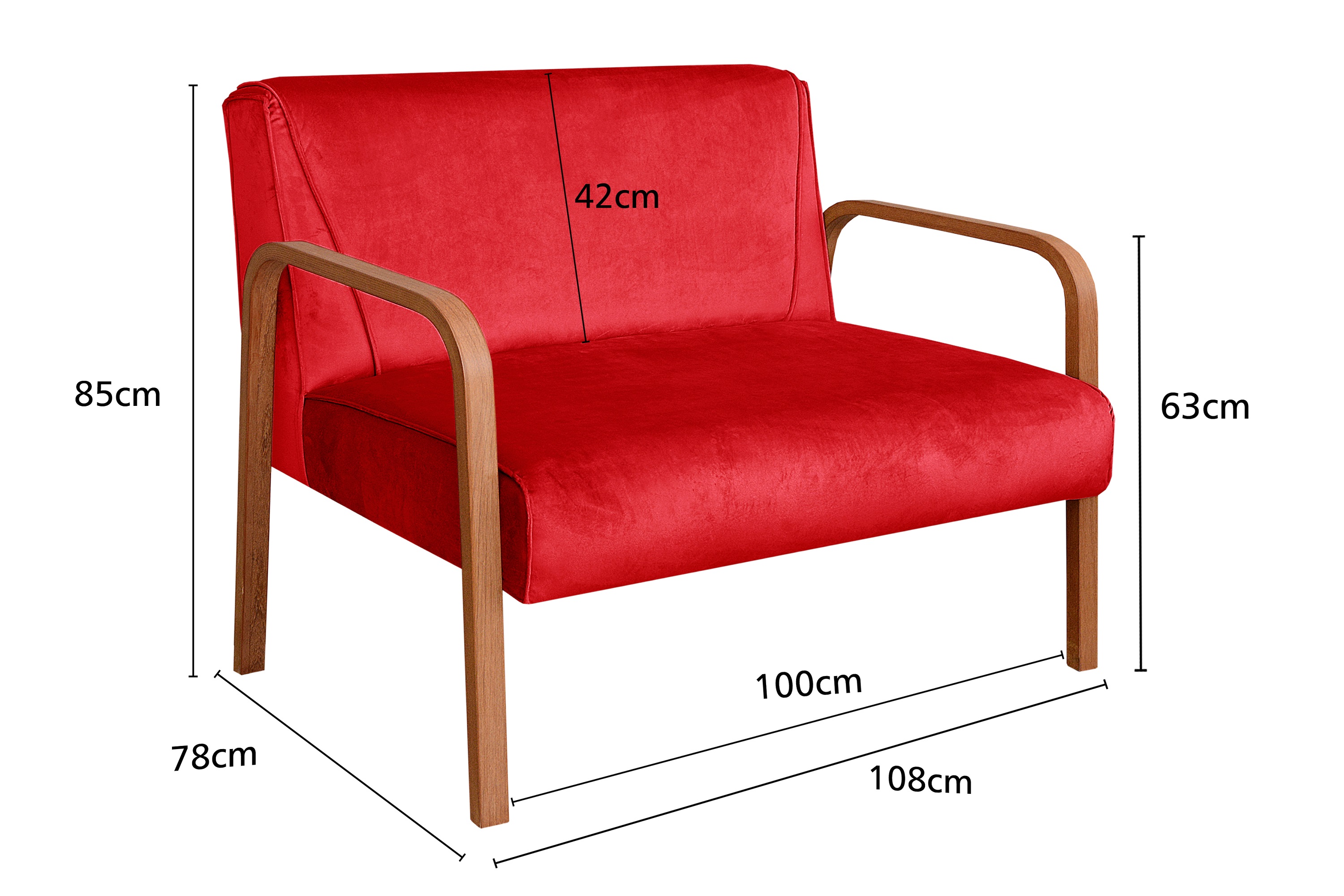 Kit Namoradeira E Poltrona Anita Braço Madeira - Suede Vermelho