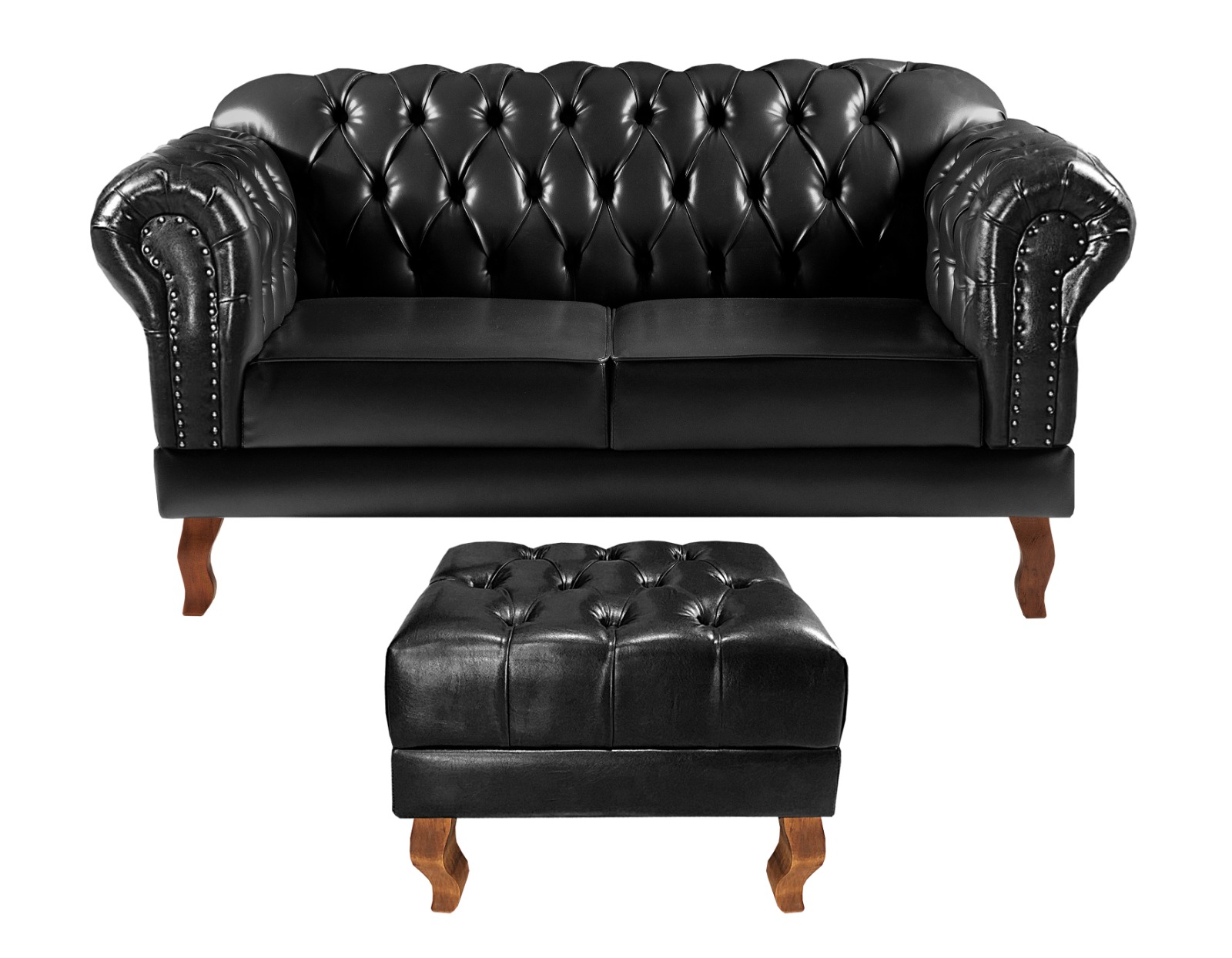 Kit Sofá 2 Lugares Com Puff Chesterfield Capitonê Sala, Recepção - Couríssimo Preto