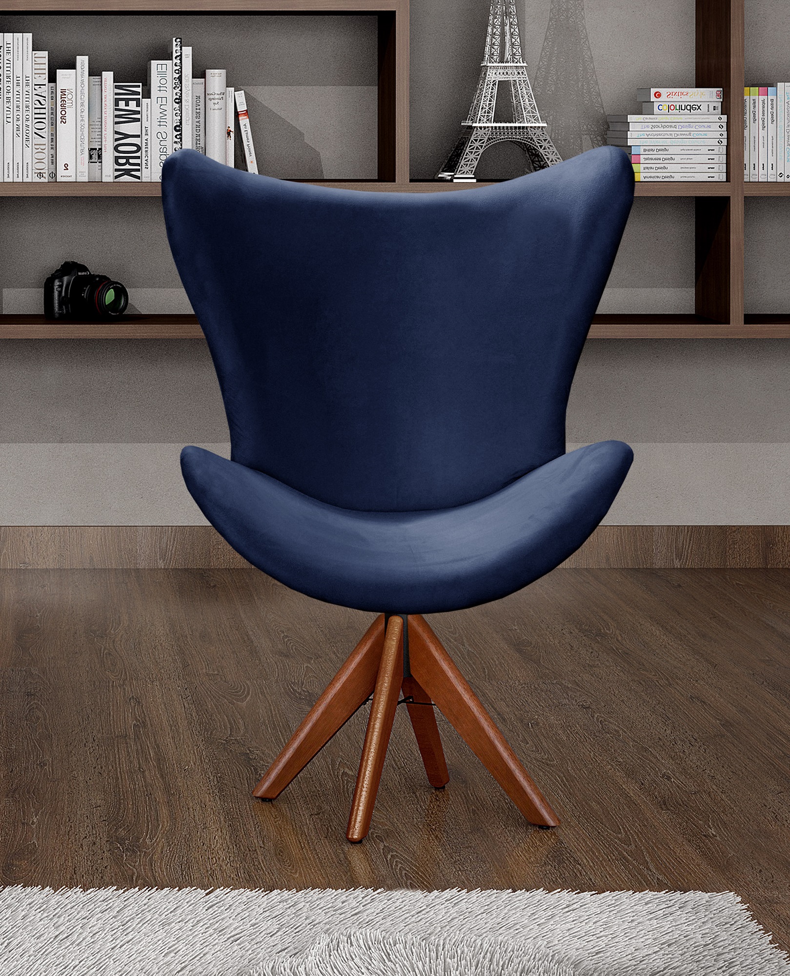 Poltrona Alice Egg Lisa Base Giratória De Madeira - Suede Azul Marinho