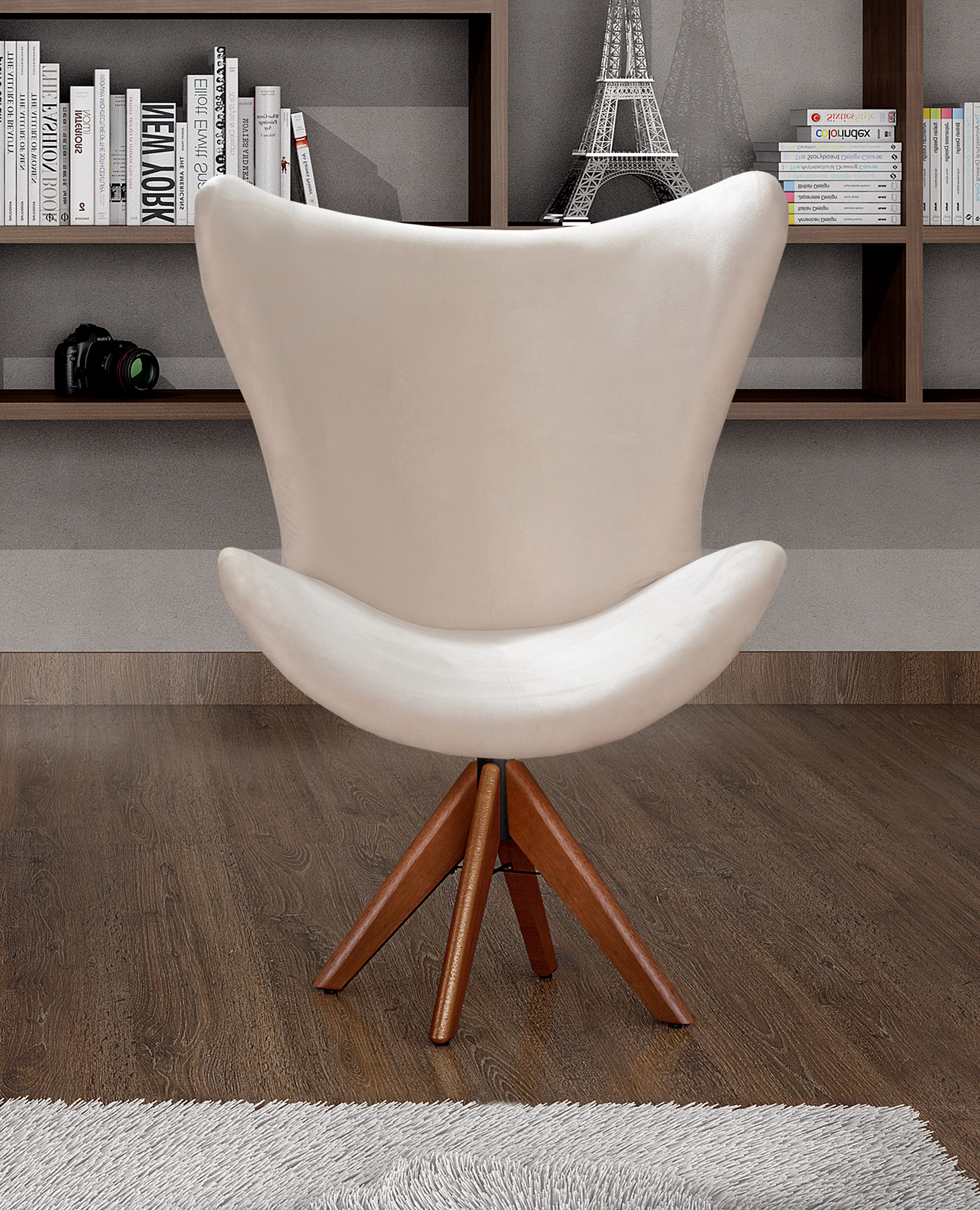 Poltrona Alice Egg Lisa Base Giratória De Madeira - Suede Bege Claro