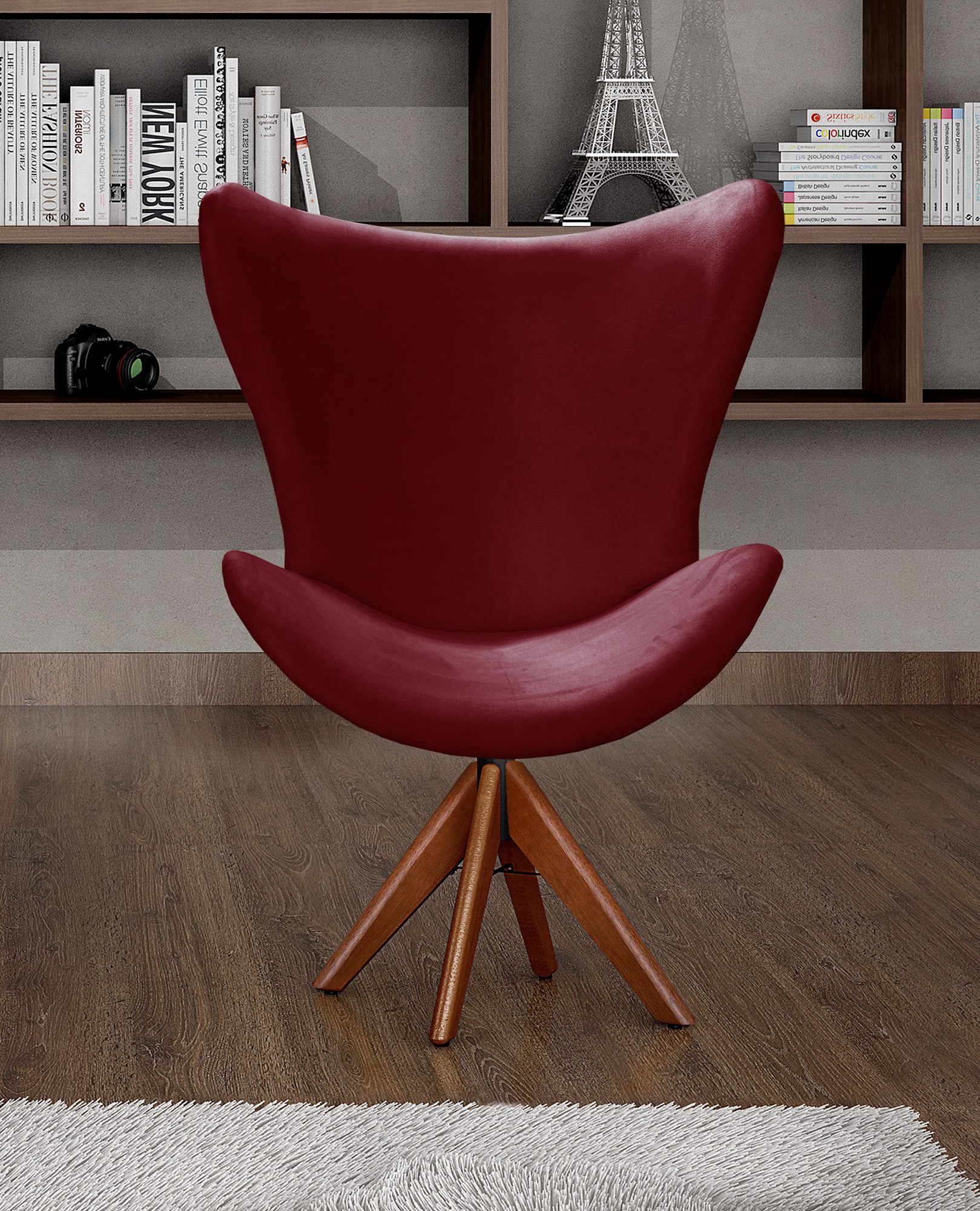 Poltrona Alice Egg Lisa Base Giratória De Madeira - Suede Bordô