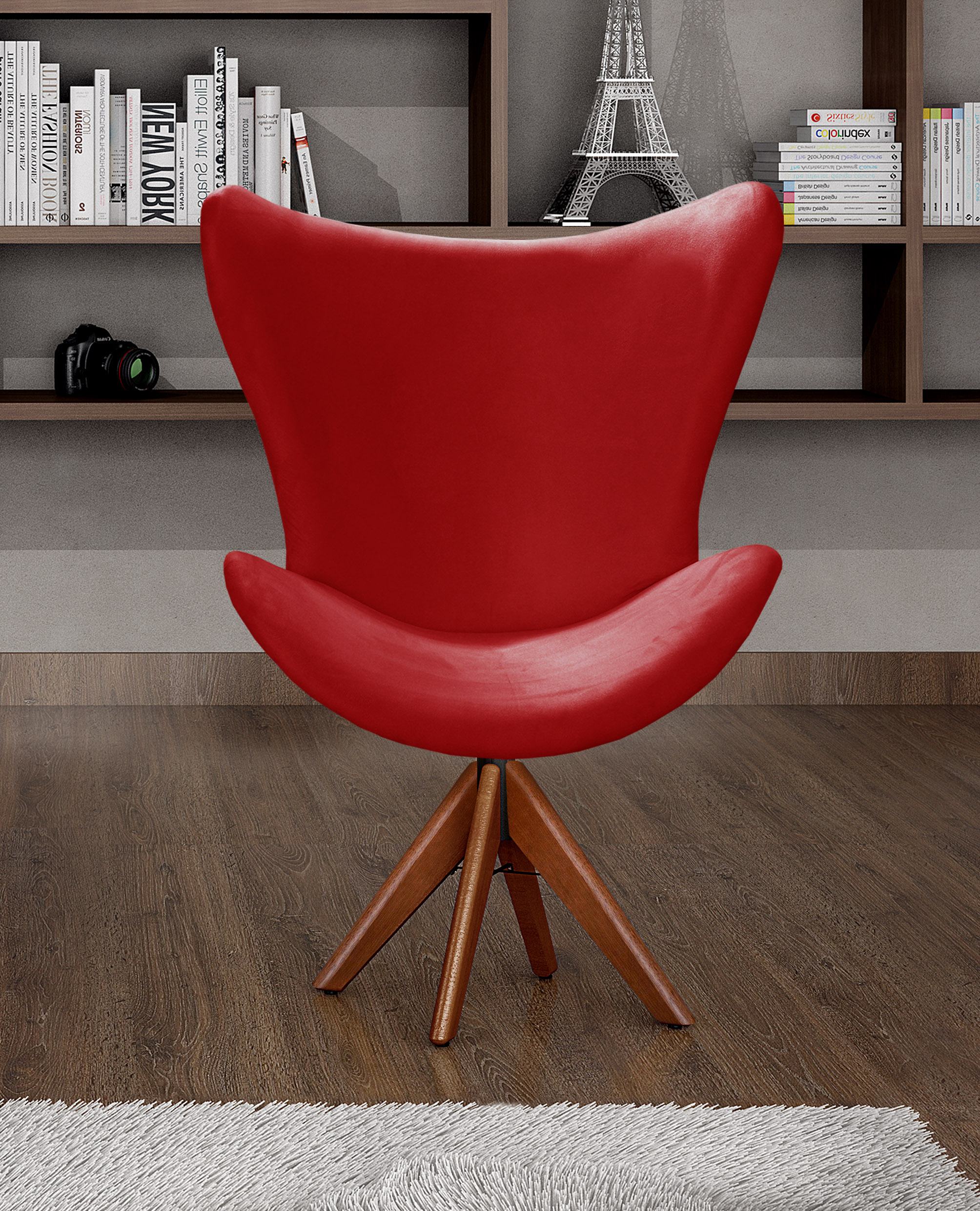 Poltrona Alice Egg Lisa Base Giratória De Madeira - Suede Vermelho