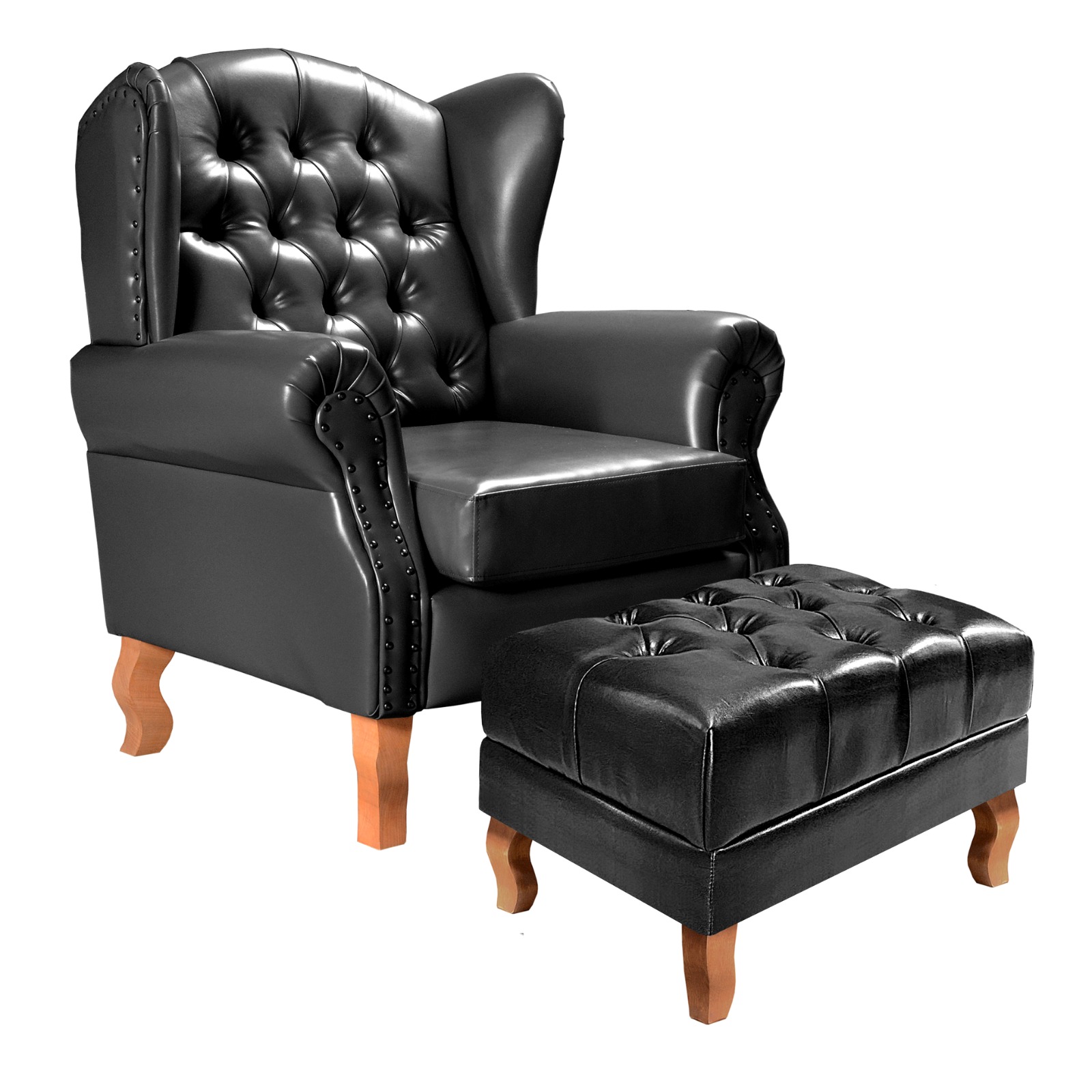 Poltrona Chesterfield Com Puff Imperador Para Sala Quarto Leitura - Couríssimo Preto