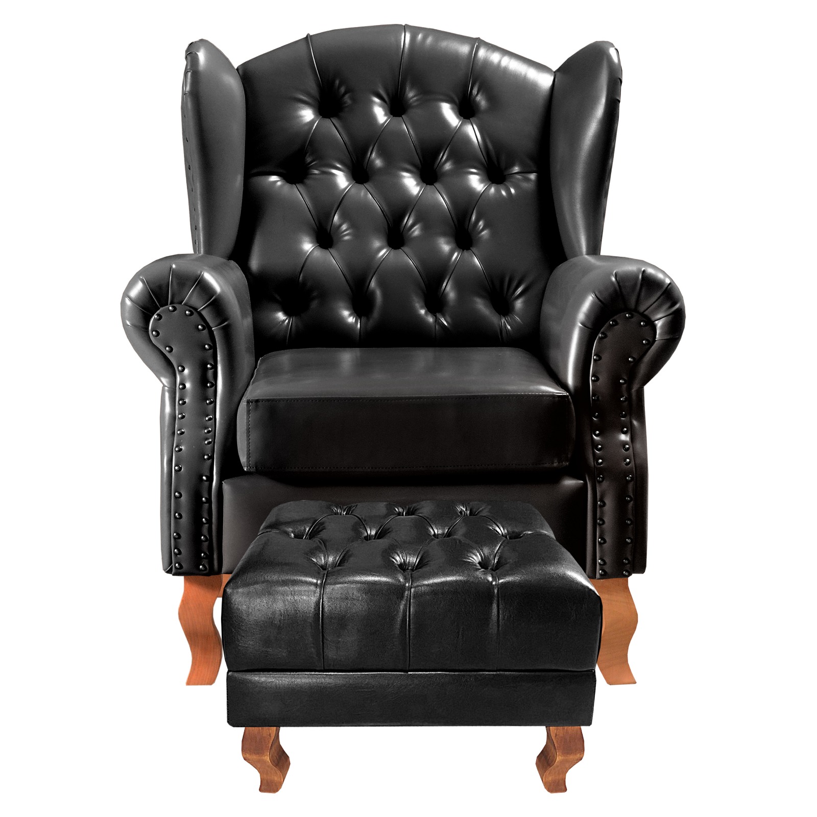 Poltrona Chesterfield Com Puff Imperador Para Sala Quarto Leitura - Couríssimo Preto