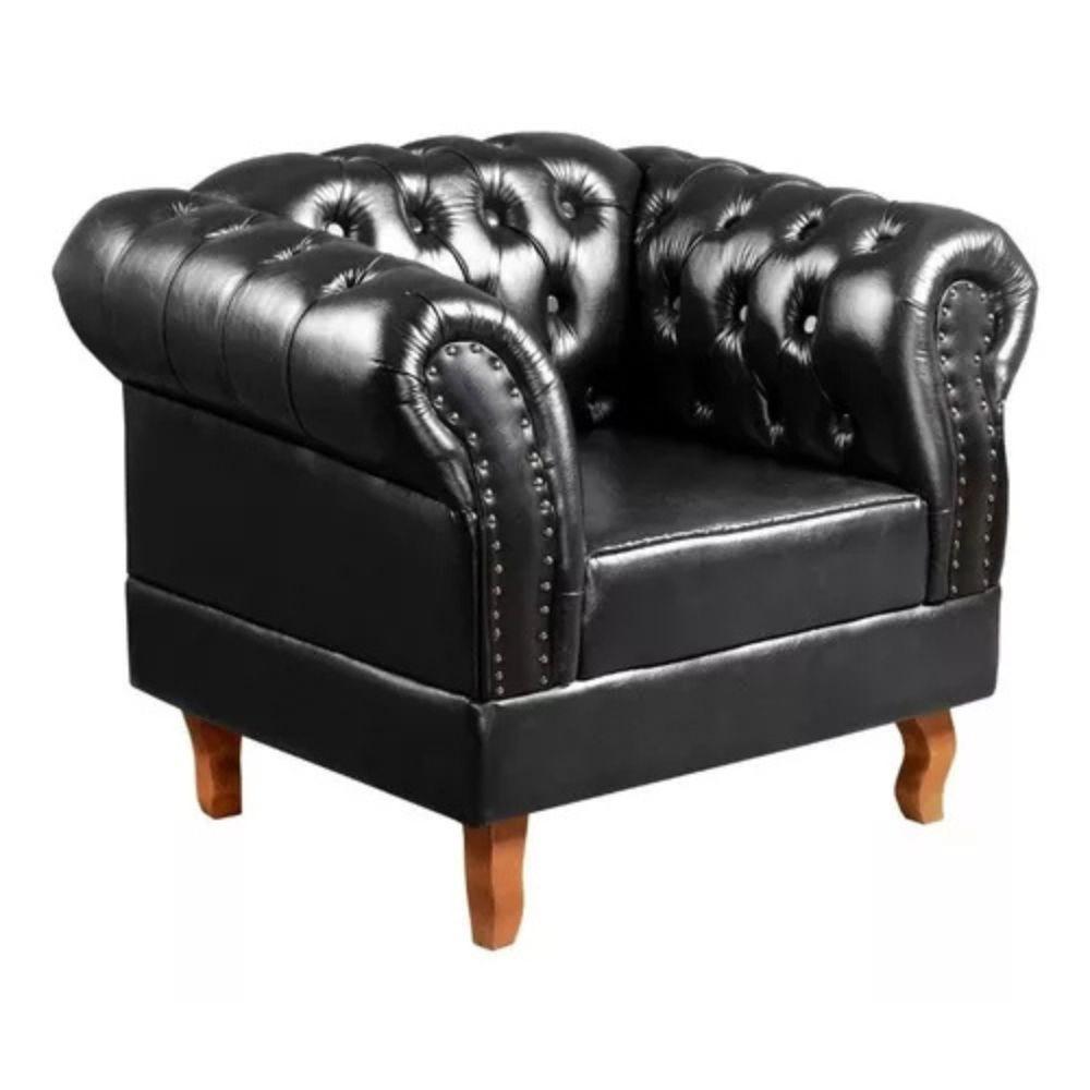Poltrona Chesterfield Dom Pedro Vintage Retrô Capitonê Couro Preto