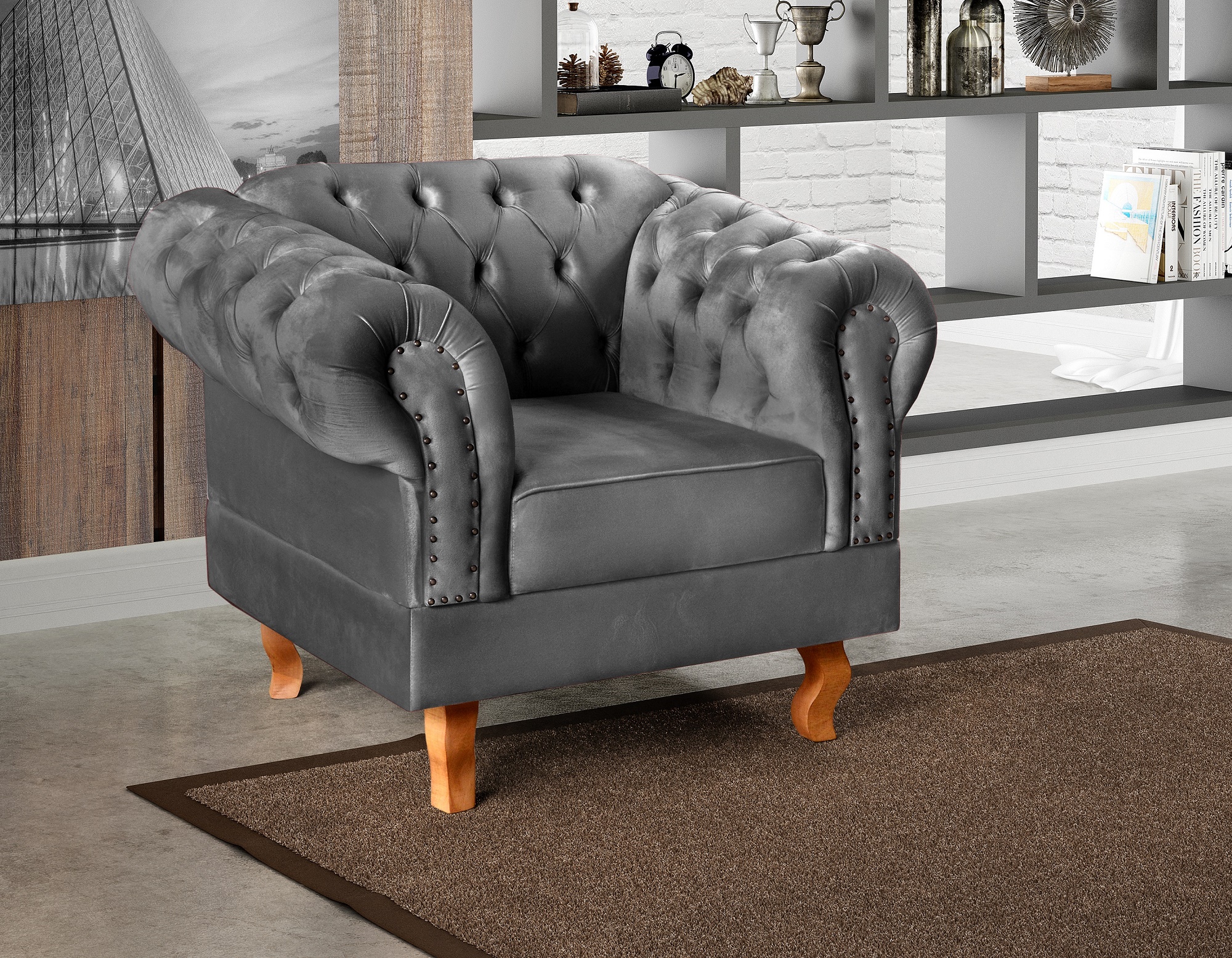 Poltrona Chesterfield Duque Dom Pedro Com Capitonê - Cinza